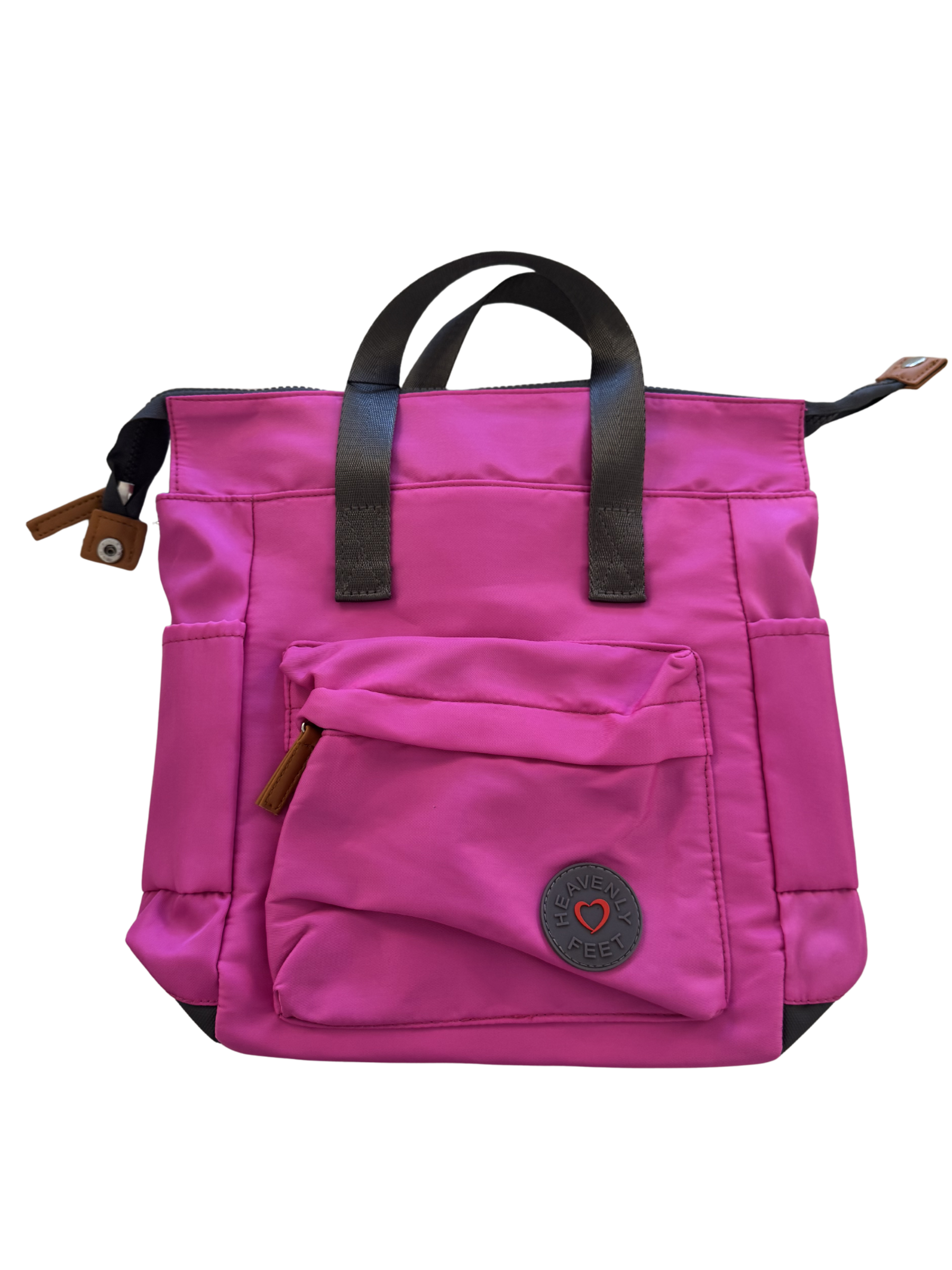 Heavenly Feet Riviera Backpack with top handles, adjustable straps and front zip pocket.