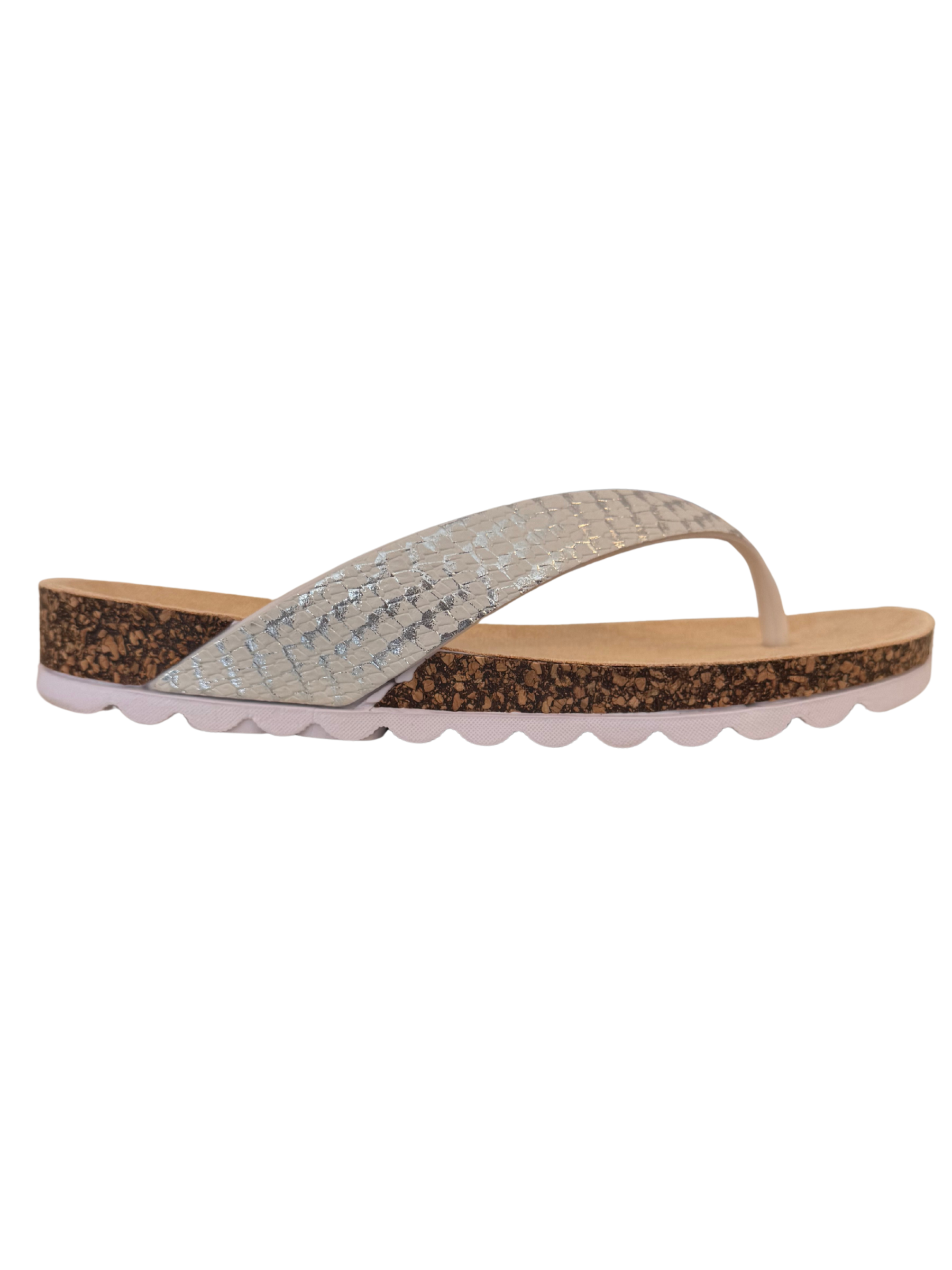 Heavenly Feet Sunlight White Silver sandals with toe-post design, cushioned sole and textured strap.