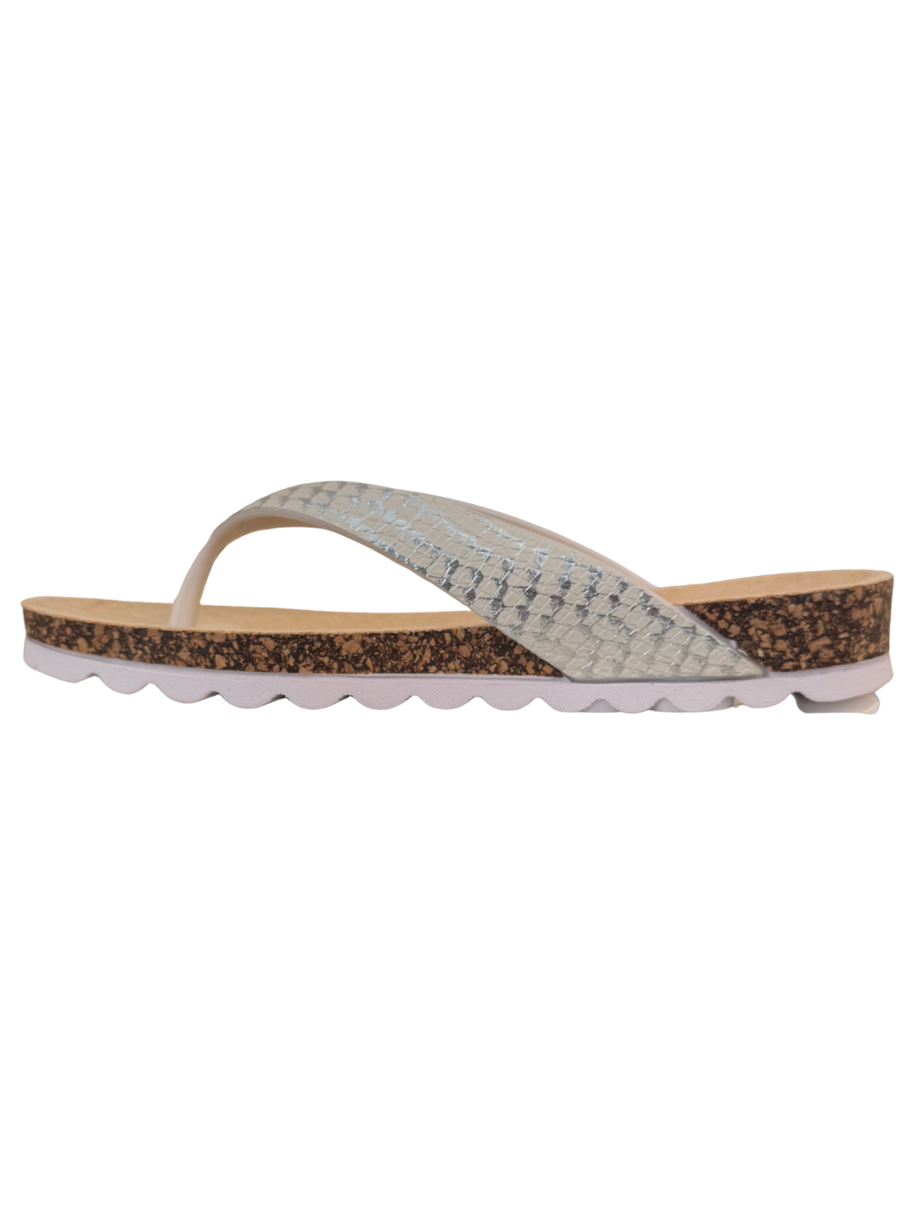 Heavenly Feet Sunlight White Silver sandals with toe-post design, cushioned sole and textured strap.