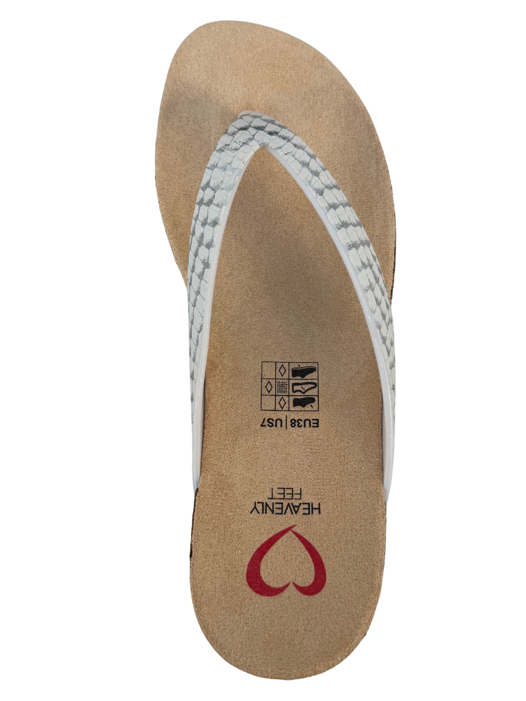 Heavenly Feet Sunlight White Silver sandals with toe-post design, cushioned sole and textured strap.