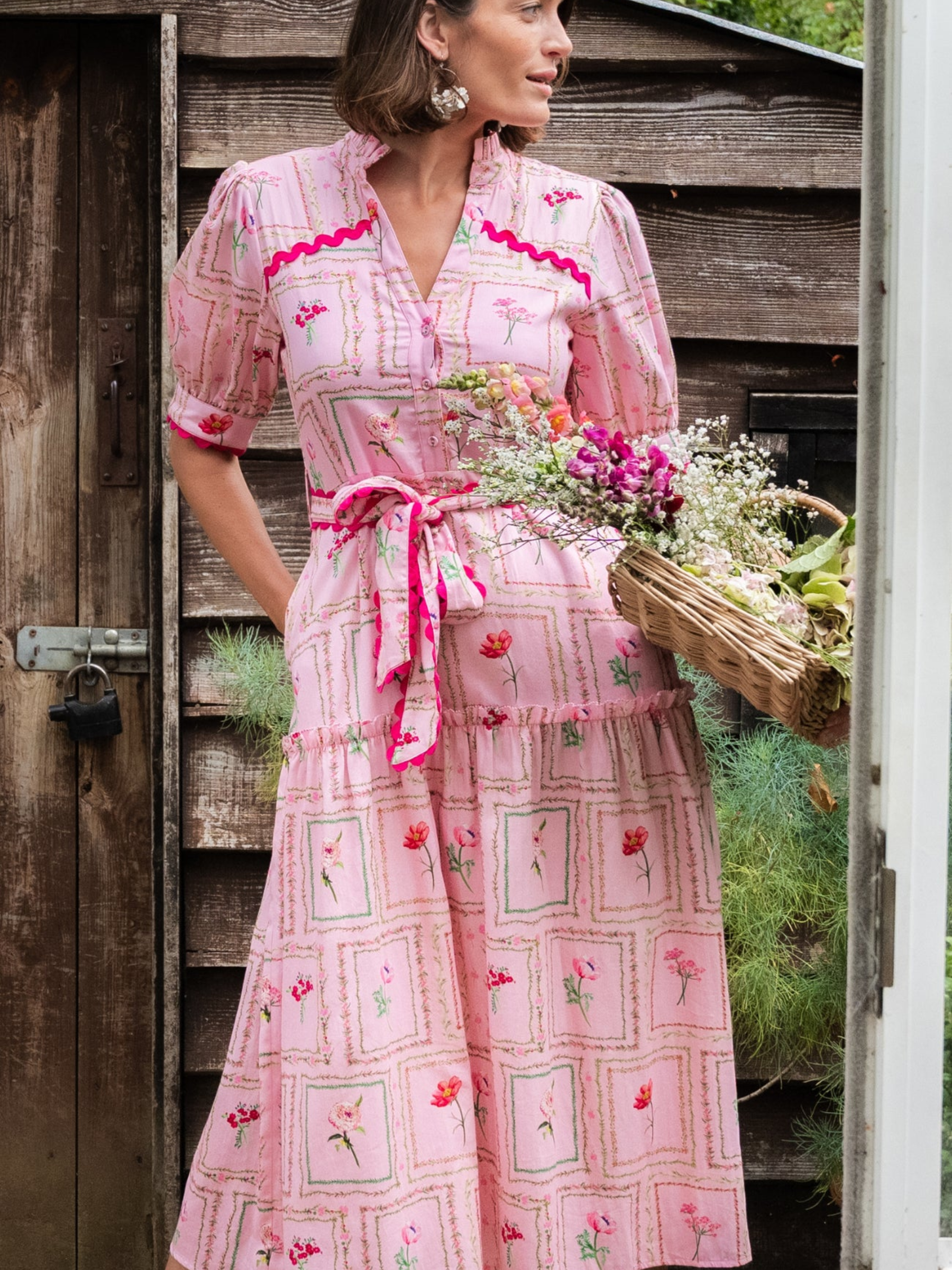 Hope & Ivy Fern Pink Floral Dress with button front, tie waist and tiered midi skirt.