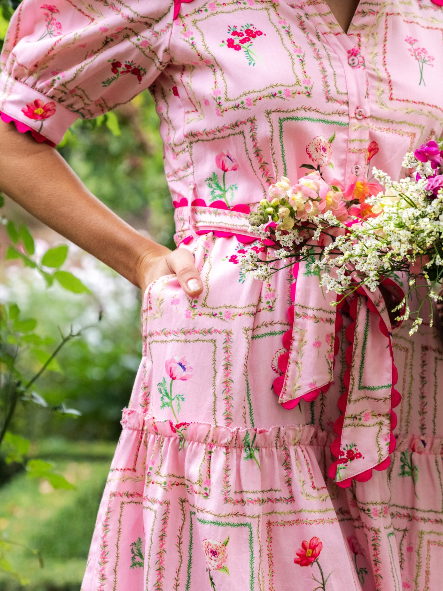 Hope & Ivy Fern Pink Floral Dress with button front, tie waist and tiered midi skirt.