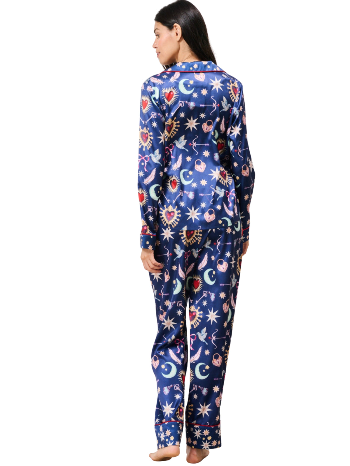 Hope & Ivy Friday Patterned Pyjamas with celestial print, button-through top, contrast piping and matching trousers.