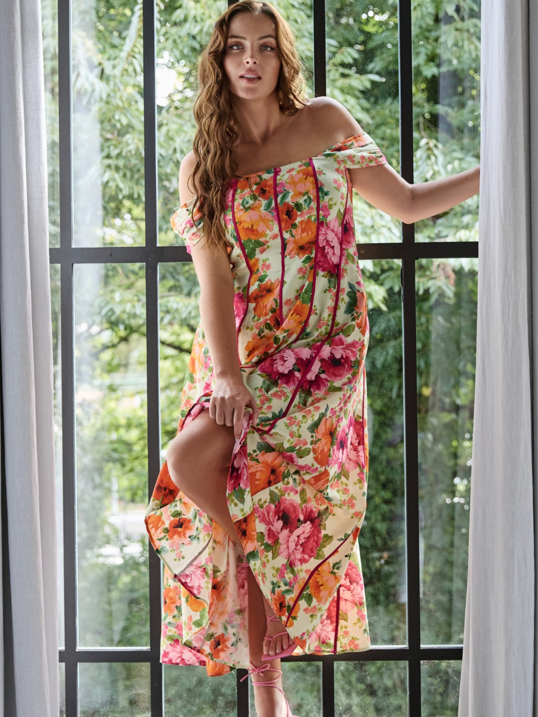 Hope & Ivy Shannon Green Floral Dress with bardot neckline, corseted bodice and midi length floral silhouette.