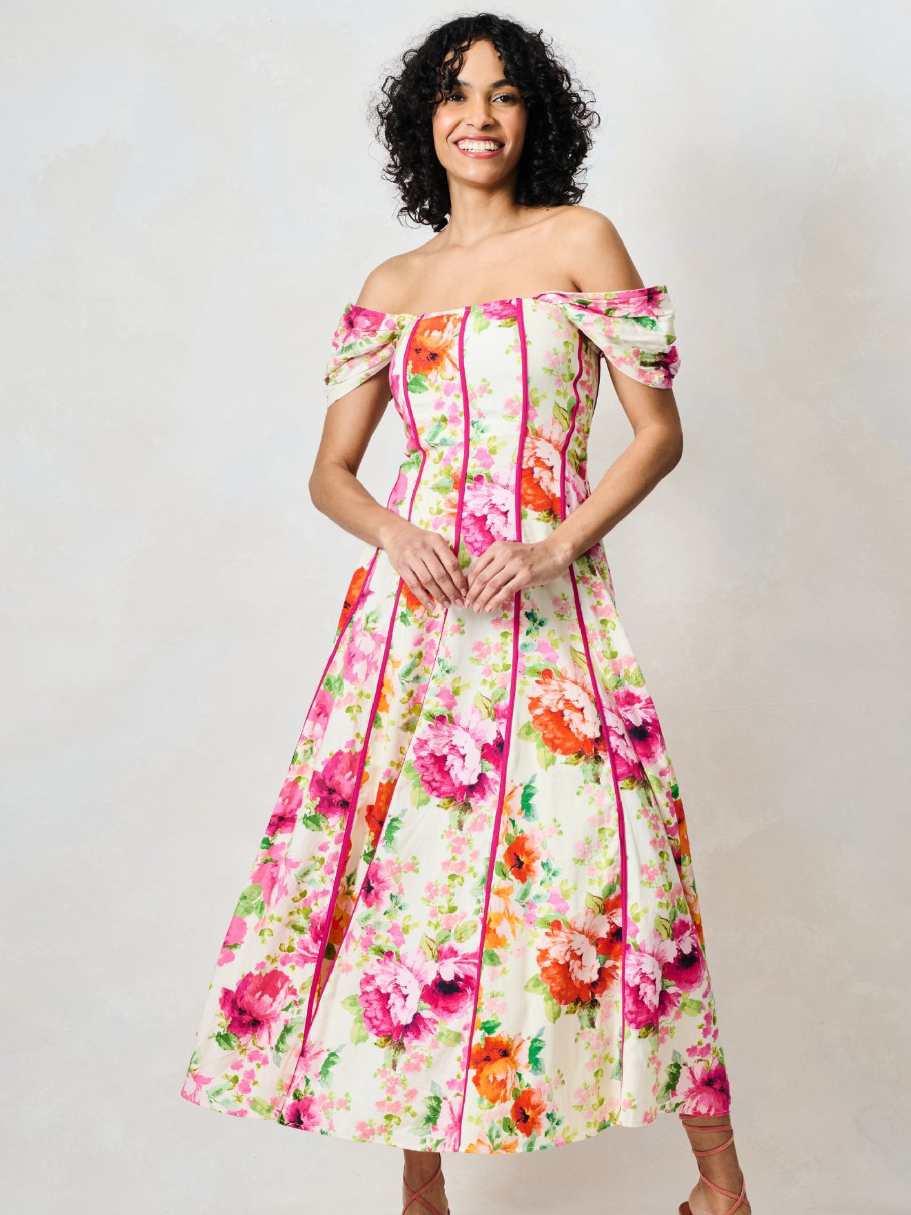 Hope & Ivy Shannon Green Floral Dress with bardot neckline, corseted bodice and midi length floral silhouette.