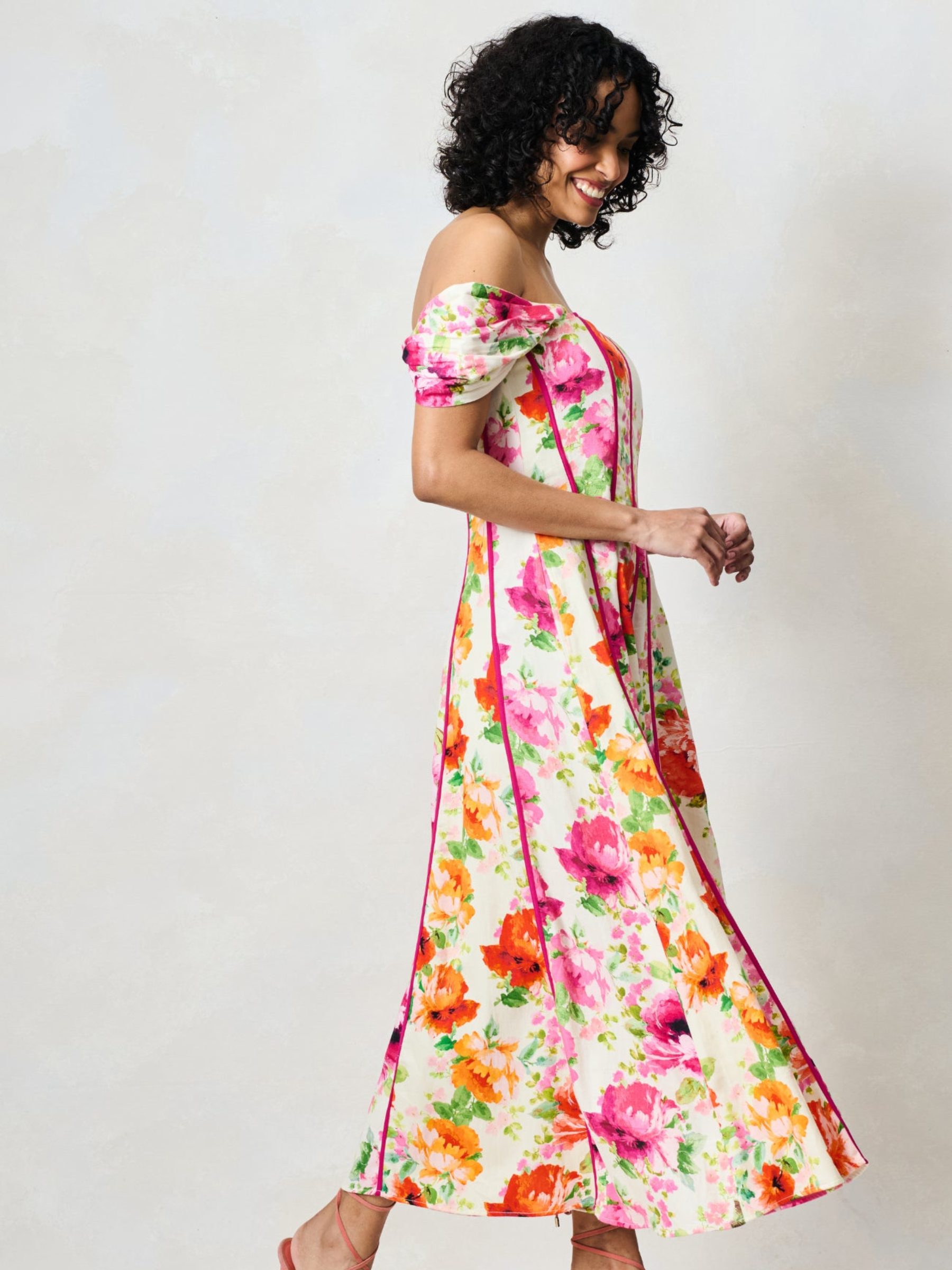 Hope & Ivy Shannon Green Floral Dress with bardot neckline, corseted bodice and midi length floral silhouette.