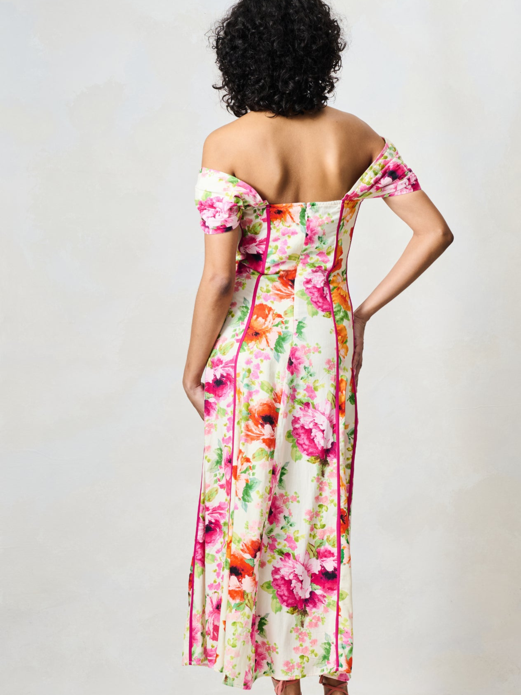 Hope & Ivy Shannon Green Floral Dress with bardot neckline, corseted bodice and midi length floral silhouette.