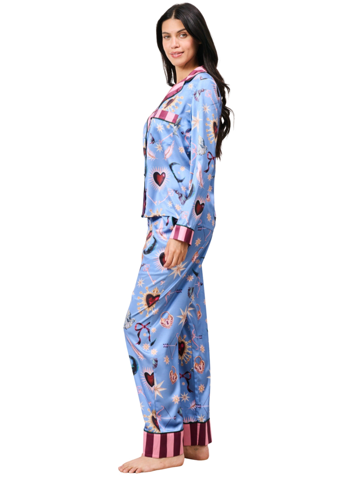 Hope & Ivy Thursday Patterned Pyjamas with celestial print, button-through top, contrast striped trim and matching trousers.