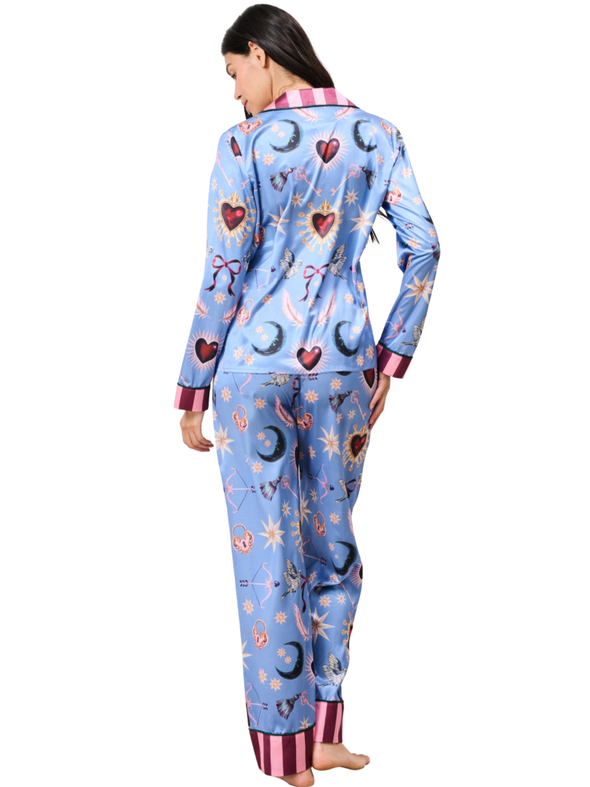 Hope & Ivy Thursday Patterned Pyjamas with celestial print, button-through top, contrast striped trim and matching trousers.