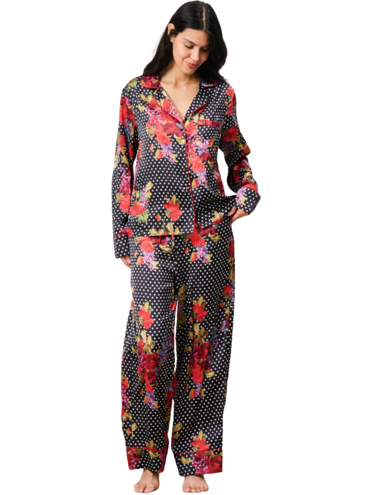 Hope & Ivy Tuesday Floral Pyjamas with satin floral and polka dot print, button-through top and matching trousers.