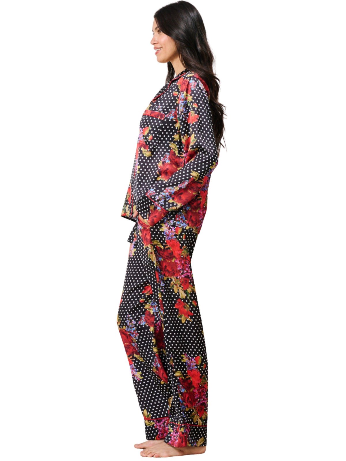 Hope & Ivy Tuesday Floral Pyjamas with satin floral and polka dot print, button-through top and matching trousers.