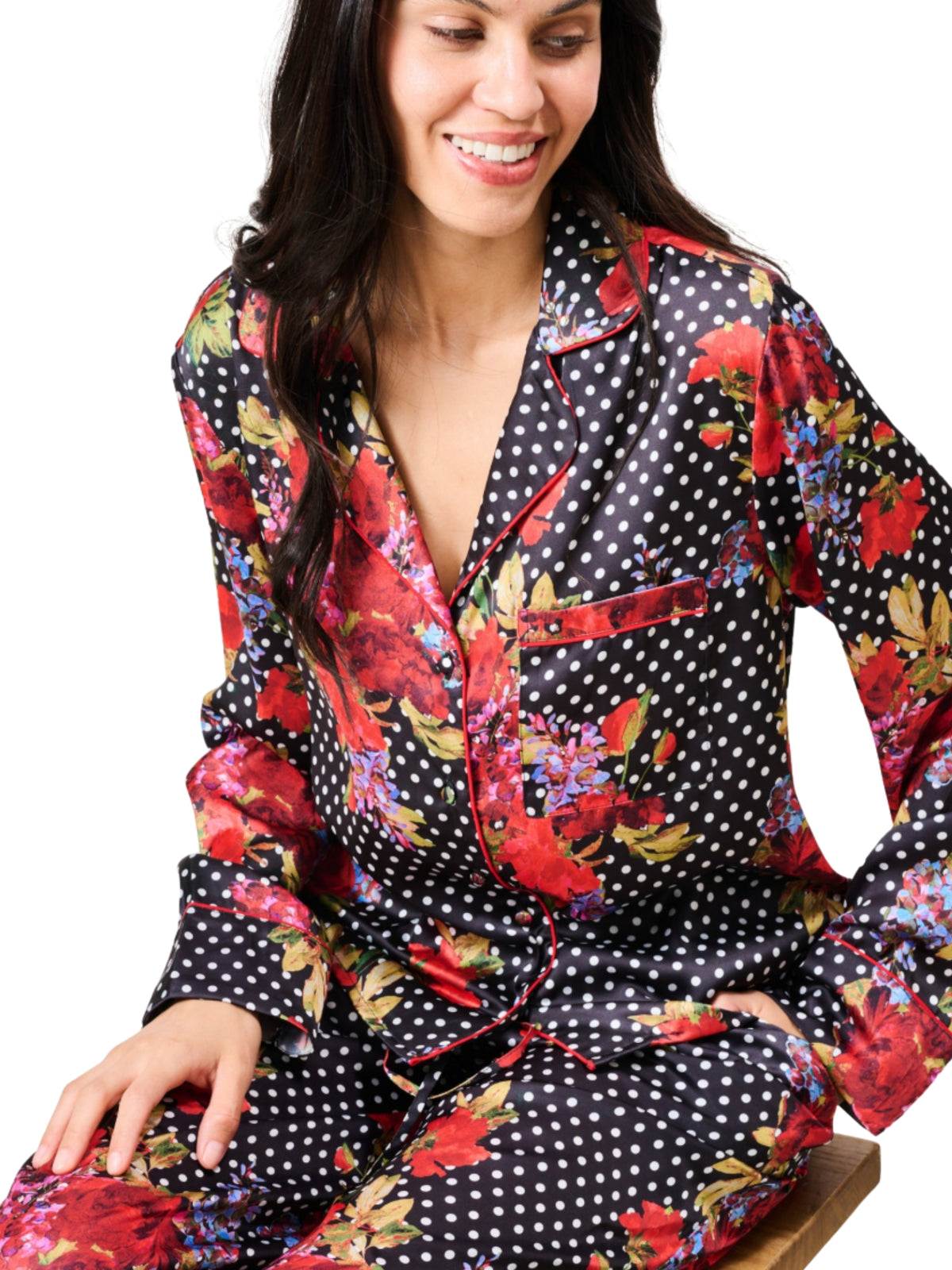 Hope & Ivy Tuesday Floral Pyjamas with satin floral and polka dot print, button-through top and matching trousers.