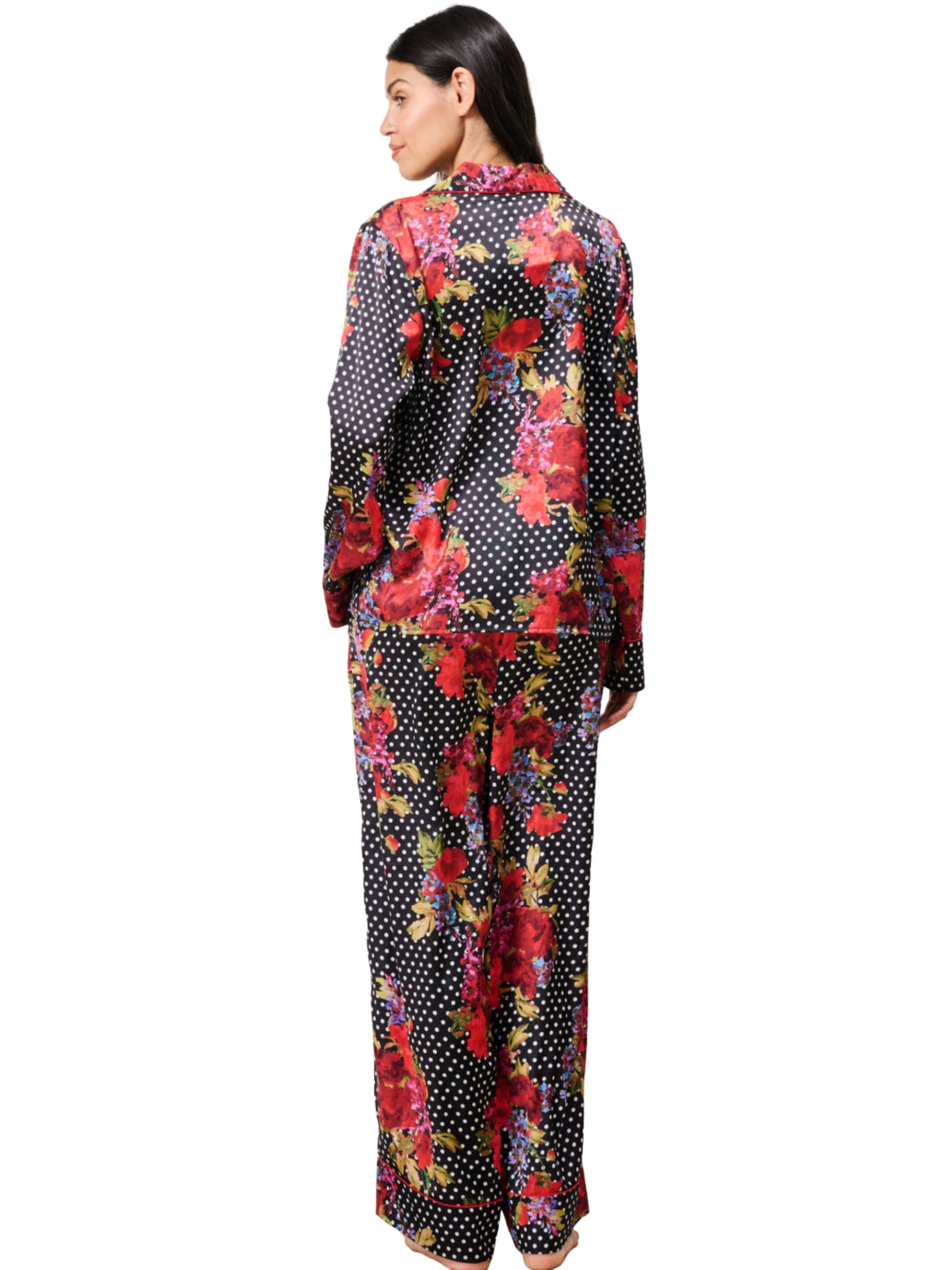 Hope & Ivy Tuesday Floral Pyjamas with satin floral and polka dot print, button-through top and matching trousers.