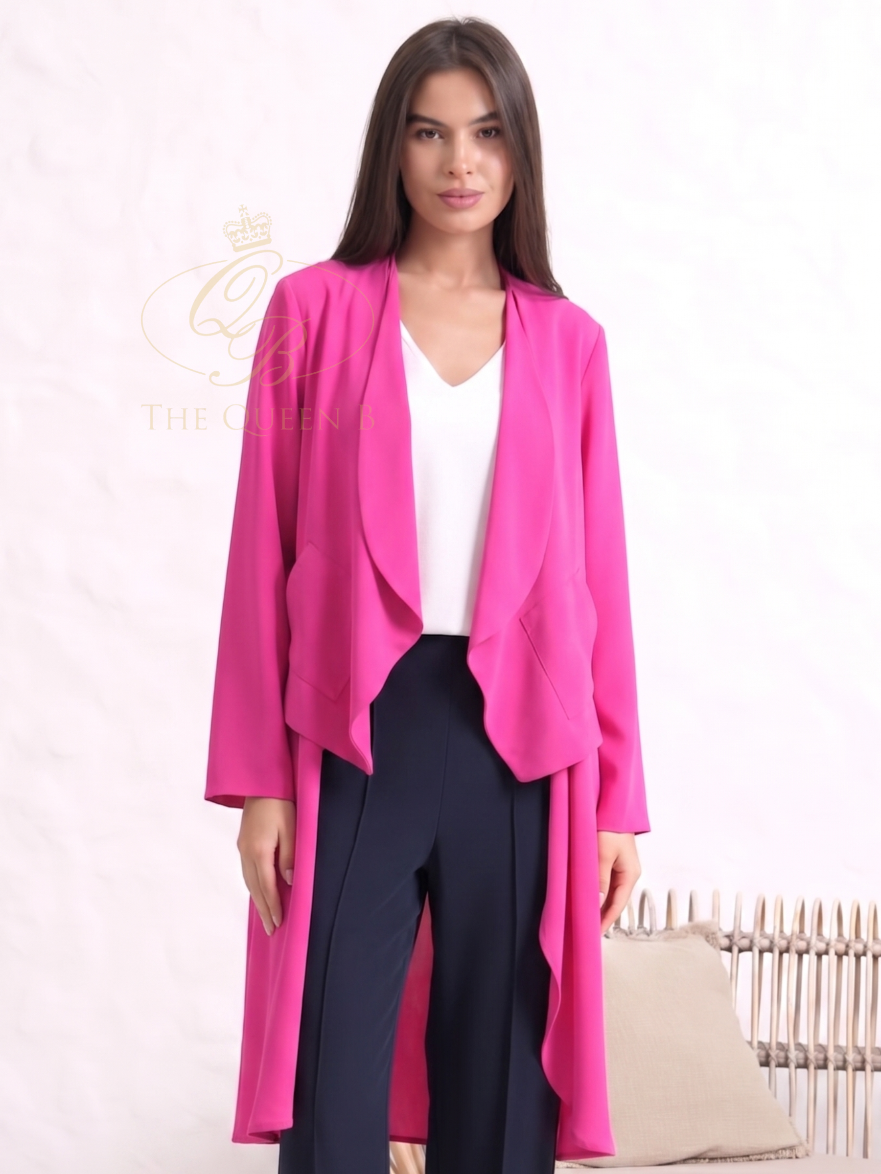 Inco 1206 waterfall jacket with soft draped front and longline silhouette.