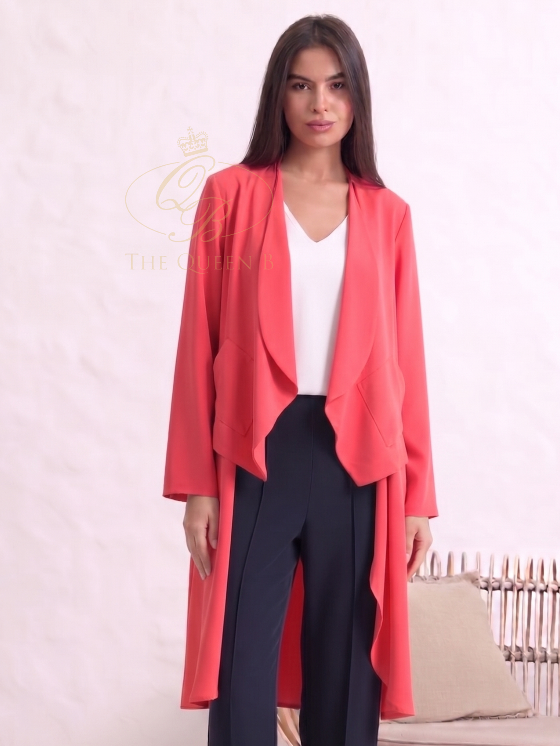 Inco 1206 waterfall jacket with soft draped front and longline silhouette.
