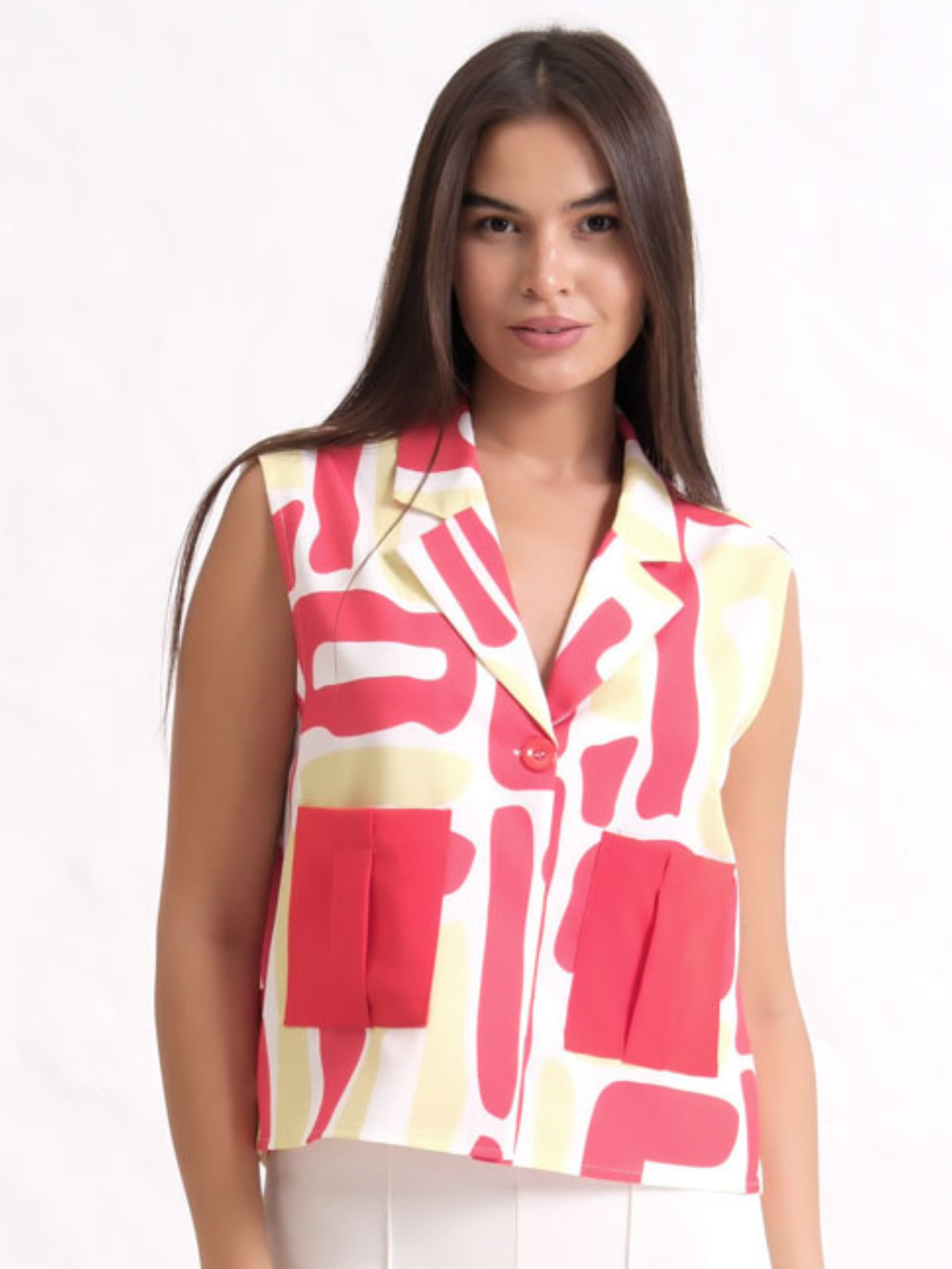 Inco 1218 sleeveless waistcoat with abstract print, front pockets and lapel collar.