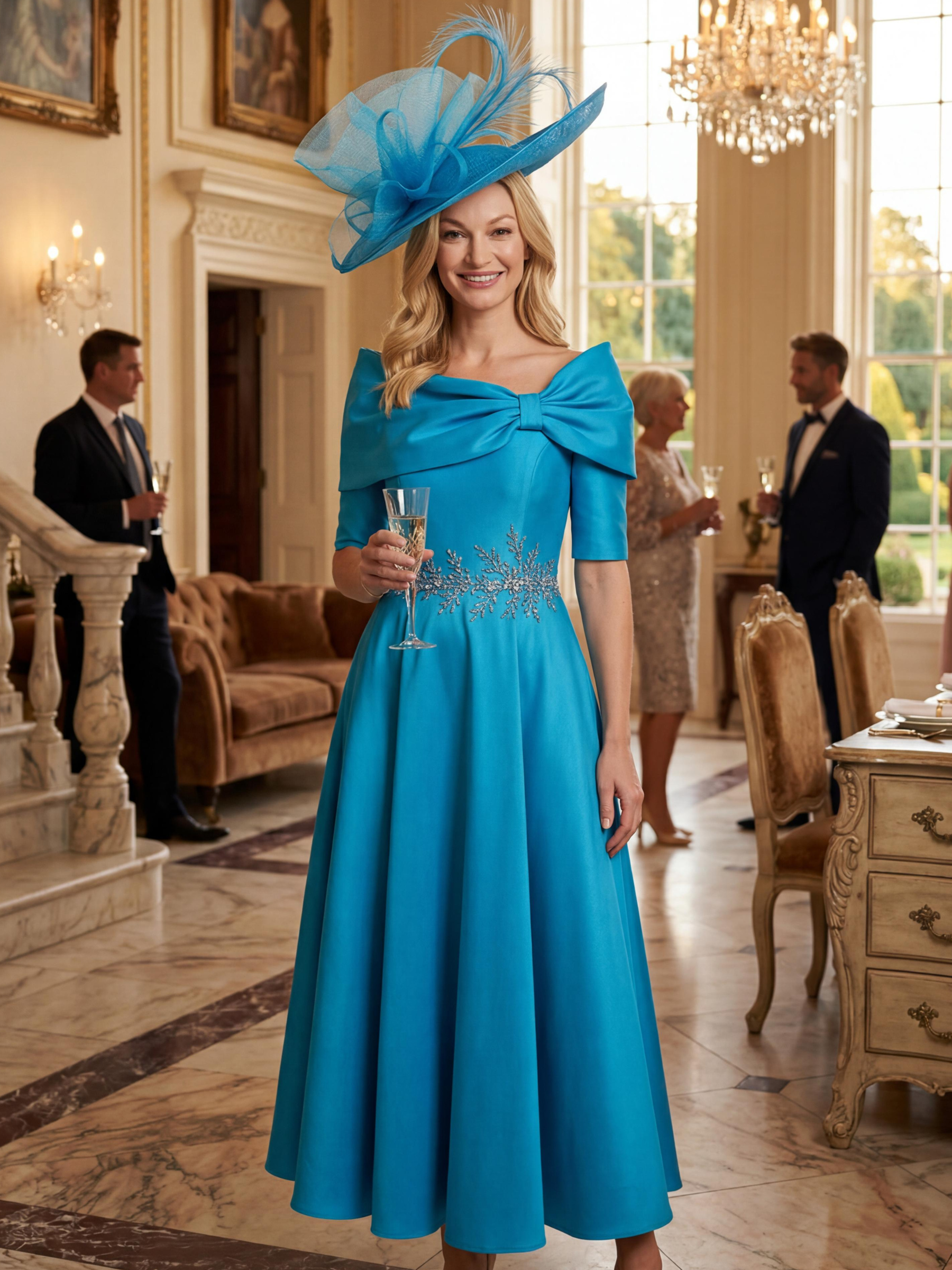 Irresistible IR9913TJ Turquoise Dress A-line occasion dress with statement bow neckline and embellished waist detail