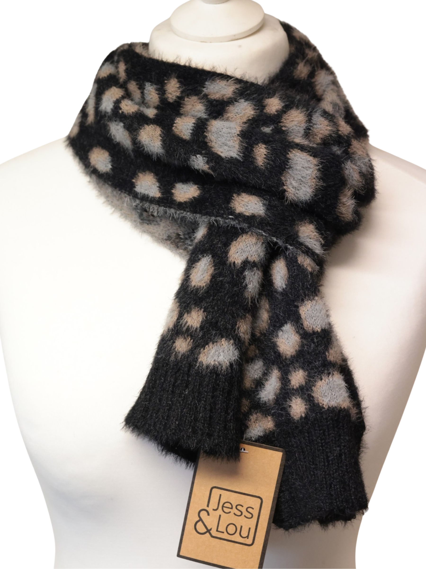 Jess & Lou AS101 Leopard Pull Though Fluffy Scarf in a soft fluffy knit with leopard print and pull-through design.