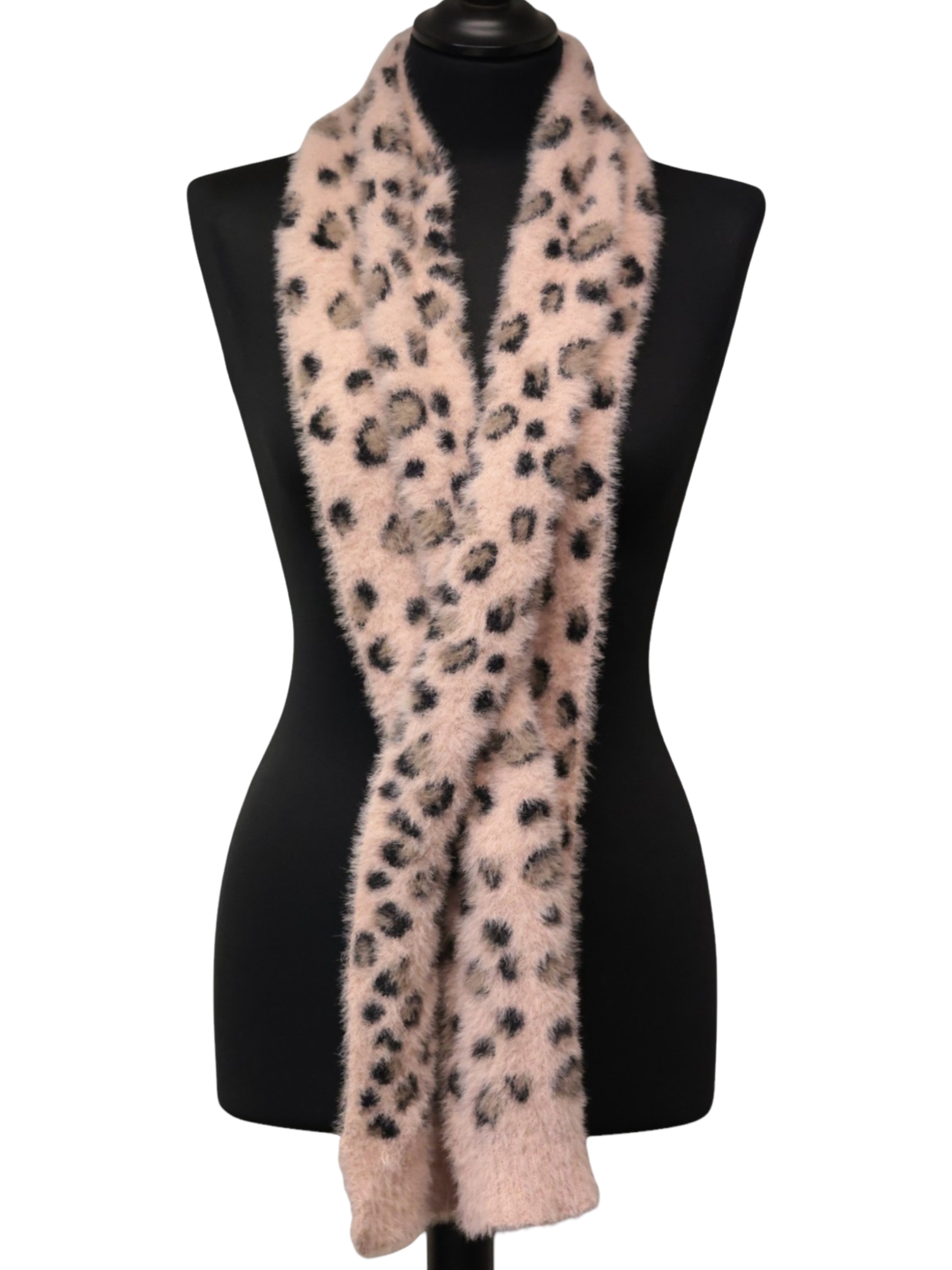 Jess & Lou AS104 Leopard Pull Though Fluffy Scarf in a soft fluffy knit with leopard print and pull-through design.