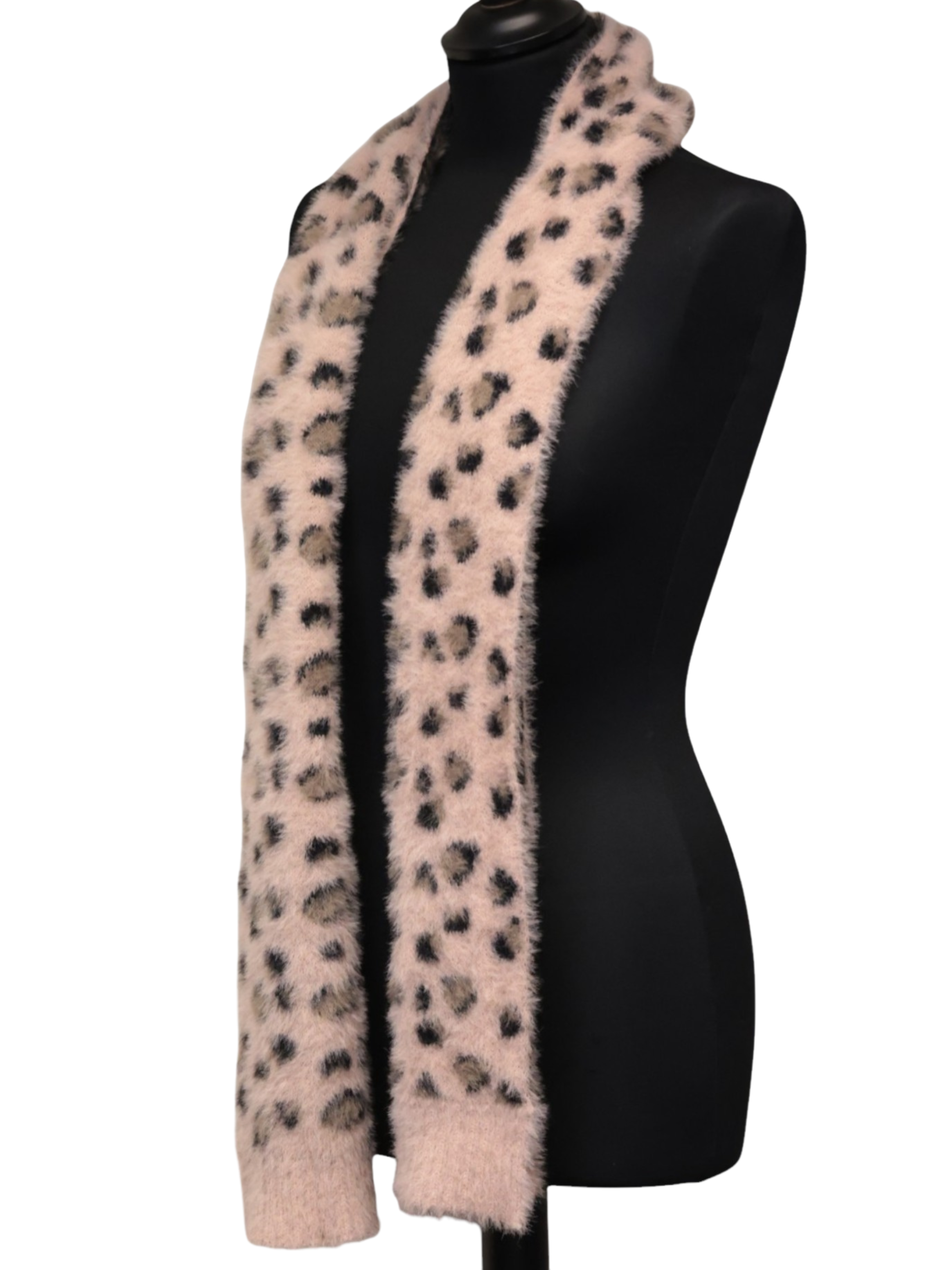 Jess & Lou AS104 Leopard Pull Though Fluffy Scarf in a soft fluffy knit with leopard print and pull-through design.