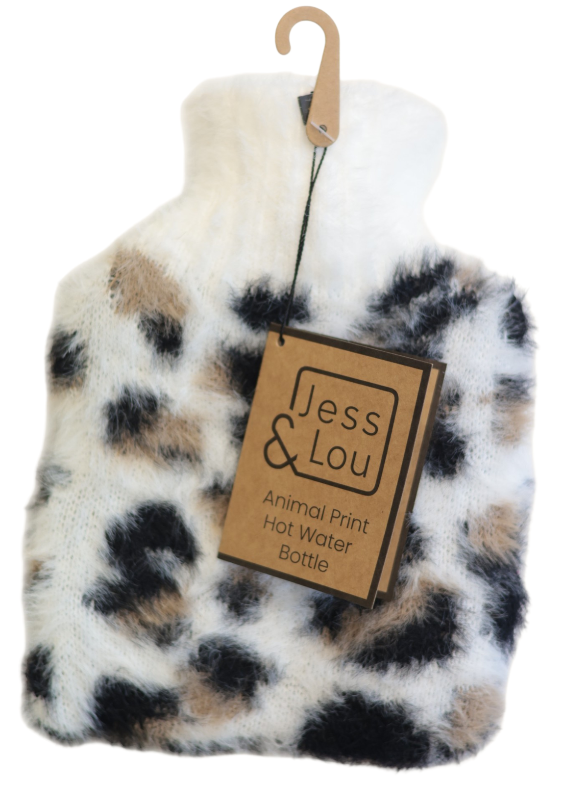 Jess & Lou CC131 Animal Print Mini Hot Water Bottle with fluffy knit cover and compact 500ml design.