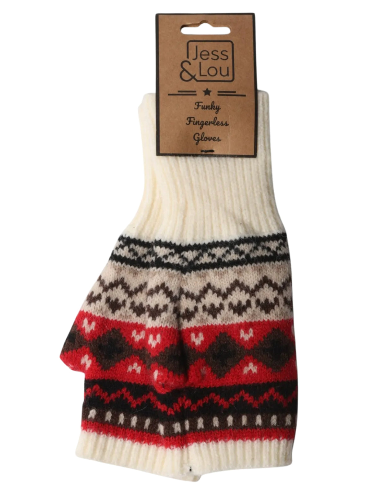 Jess & Lou GL288 Nordic Fingerless Gloves with patterned knitted design, open fingers and ribbed cuffs.
