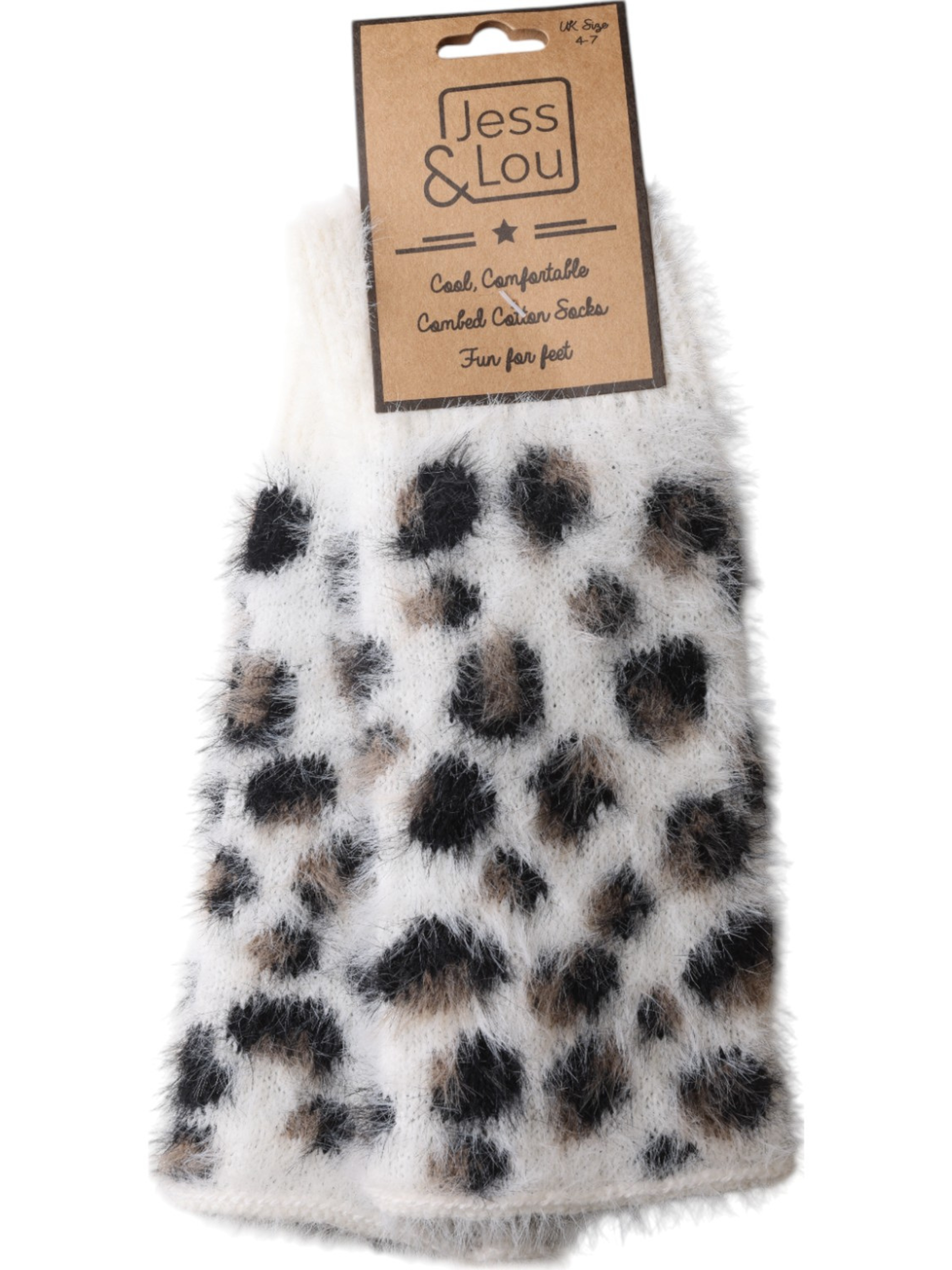 Jess & Lou GL293 Leopard Fluffy Knit Fingerless Gloves with fluffy knit texture and leopard print.