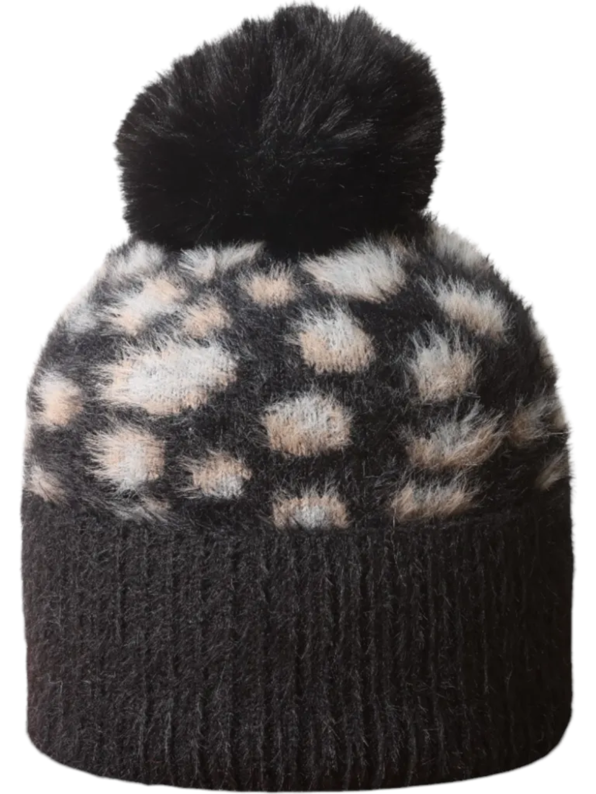 Jess & Lou HL871 Leopard Fluffy Bobble Hat with fluffy leopard pattern, ribbed turn-up edge and oversized pom pom.