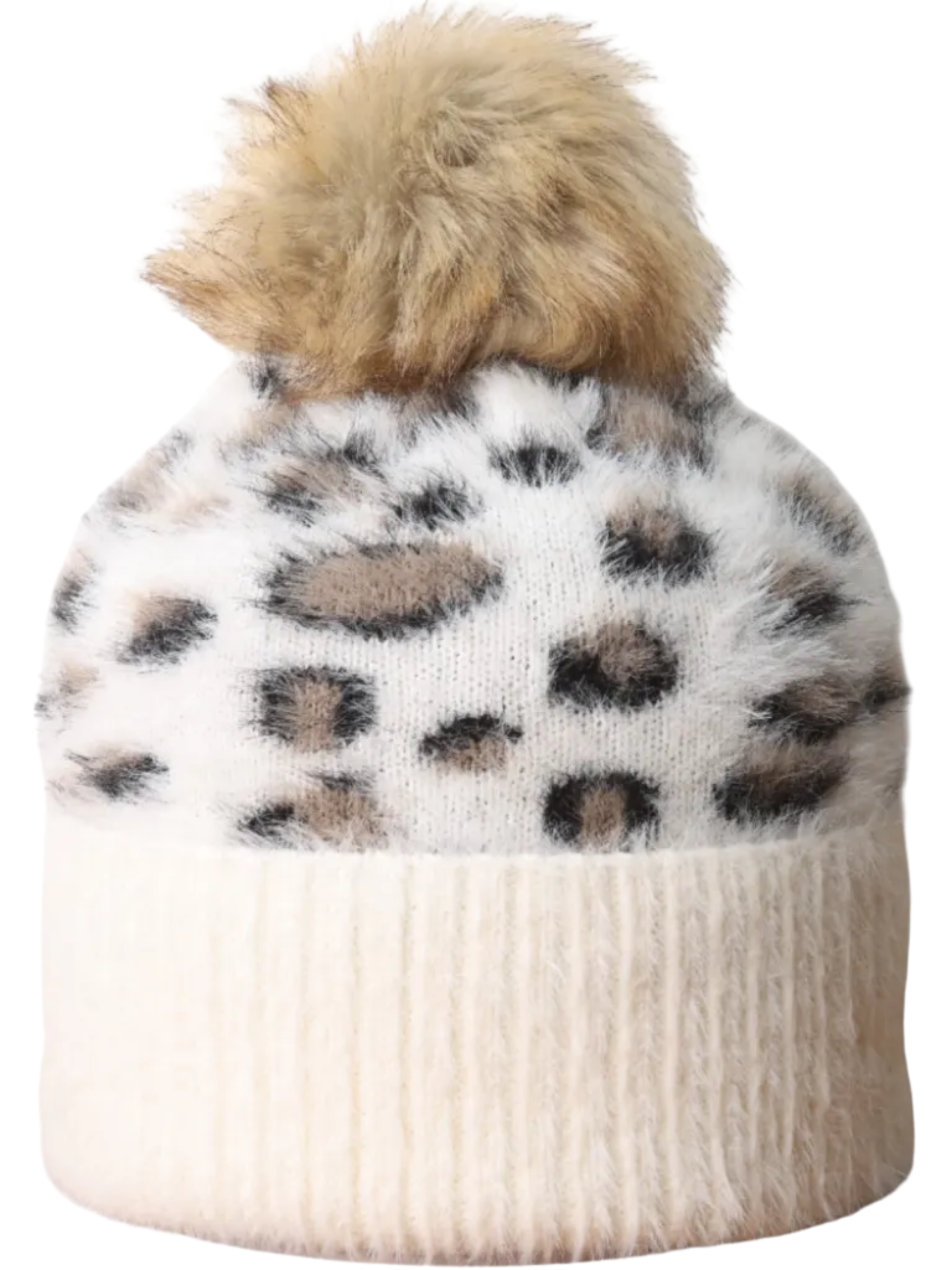 Jess & Lou HL873 Leopard Fluffy Bobble Hat with fluffy leopard pattern, ribbed turn-up edge and oversized pom pom.