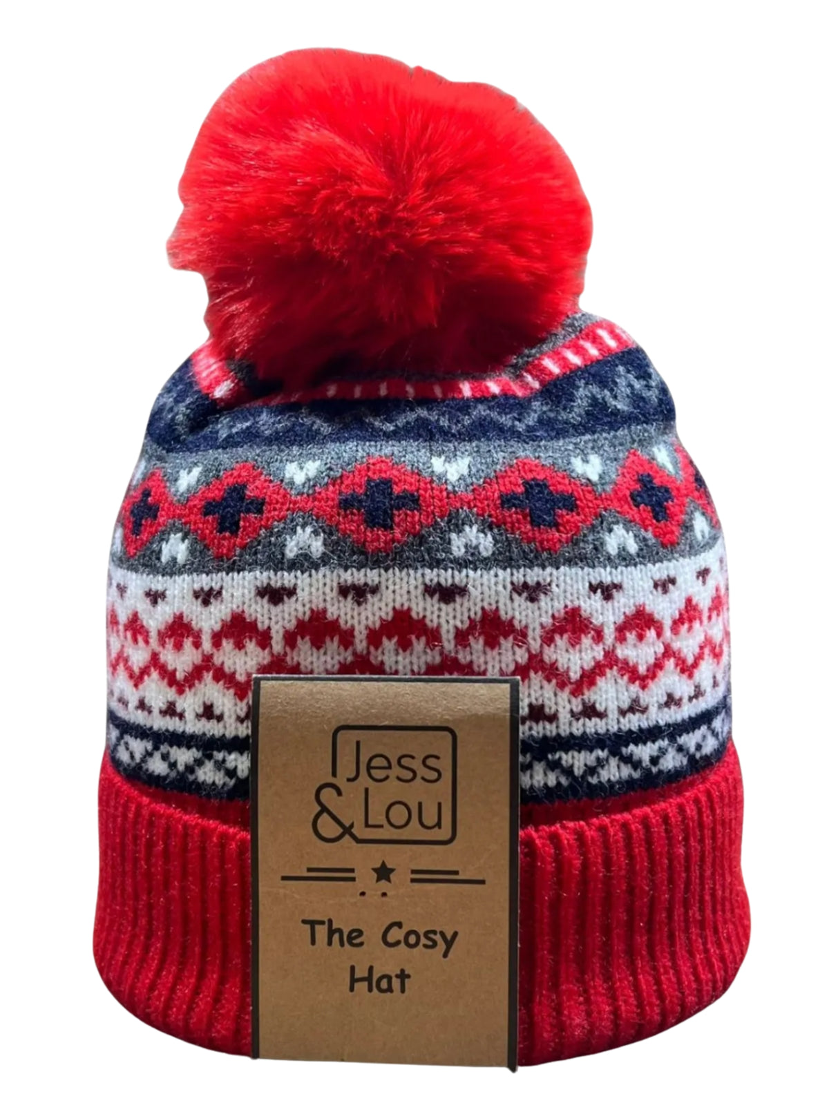 Jess & Lou HL874 Nordic Cosy Bobble Hat with Nordic pattern, ribbed cuff and oversized bobble.