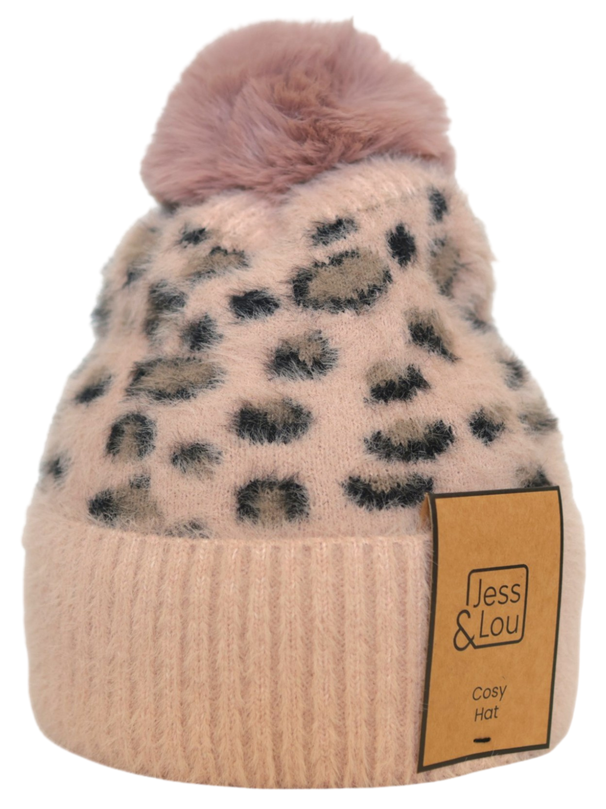 Jess & Lou HL875 Leopard Fluffy Bobble Hat with fluffy leopard pattern, ribbed turn-up edge and oversized pom pom.