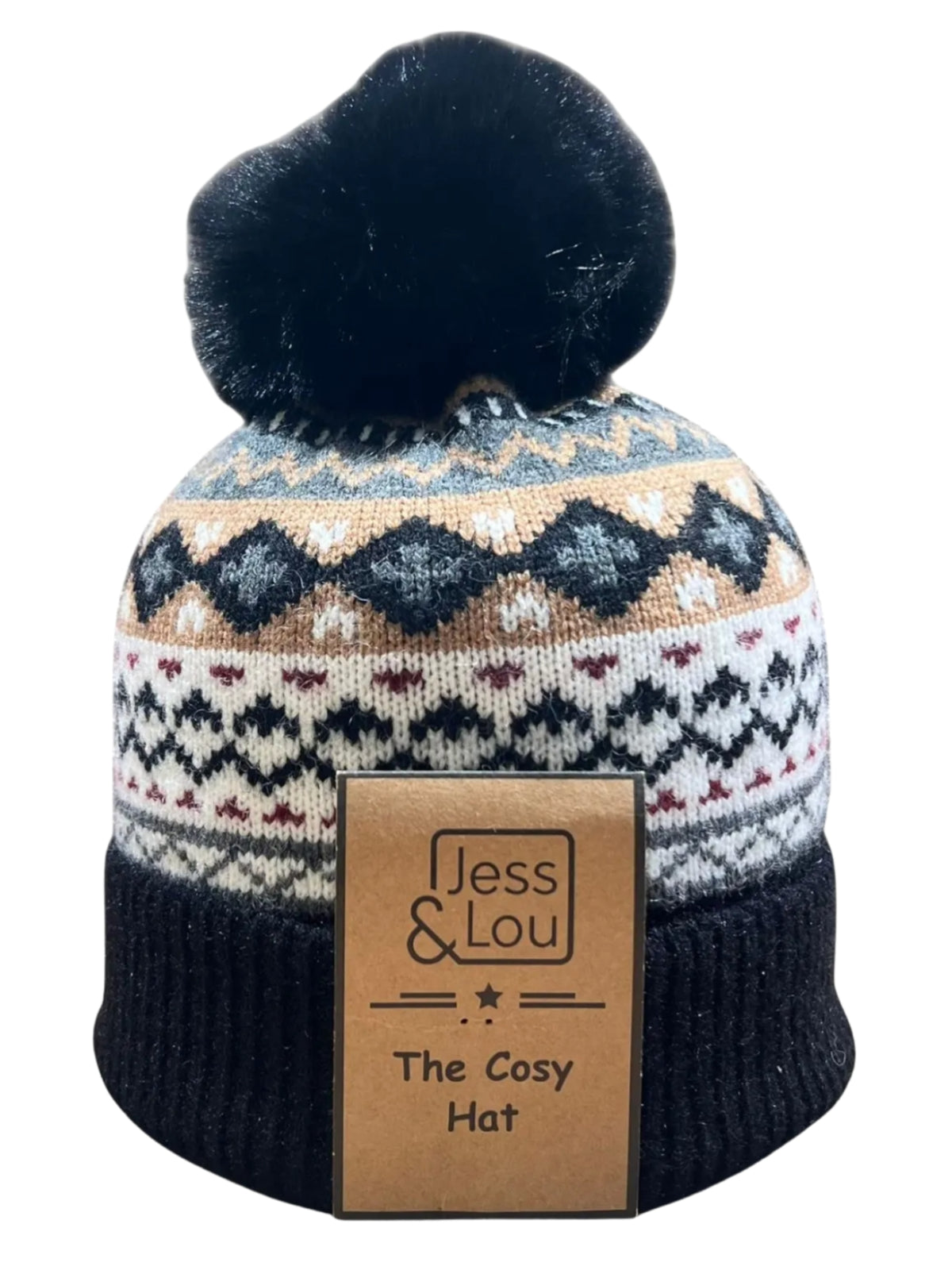 Jess & Lou HL876 Nordic Cosy Bobble Hat with Nordic pattern, ribbed cuff and oversized bobble.