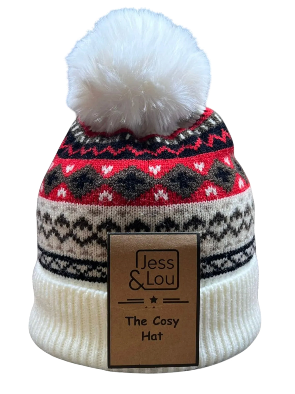 Jess & Lou HL878 Nordic Cosy Bobble Hat with Nordic pattern, ribbed cuff and oversized bobble.