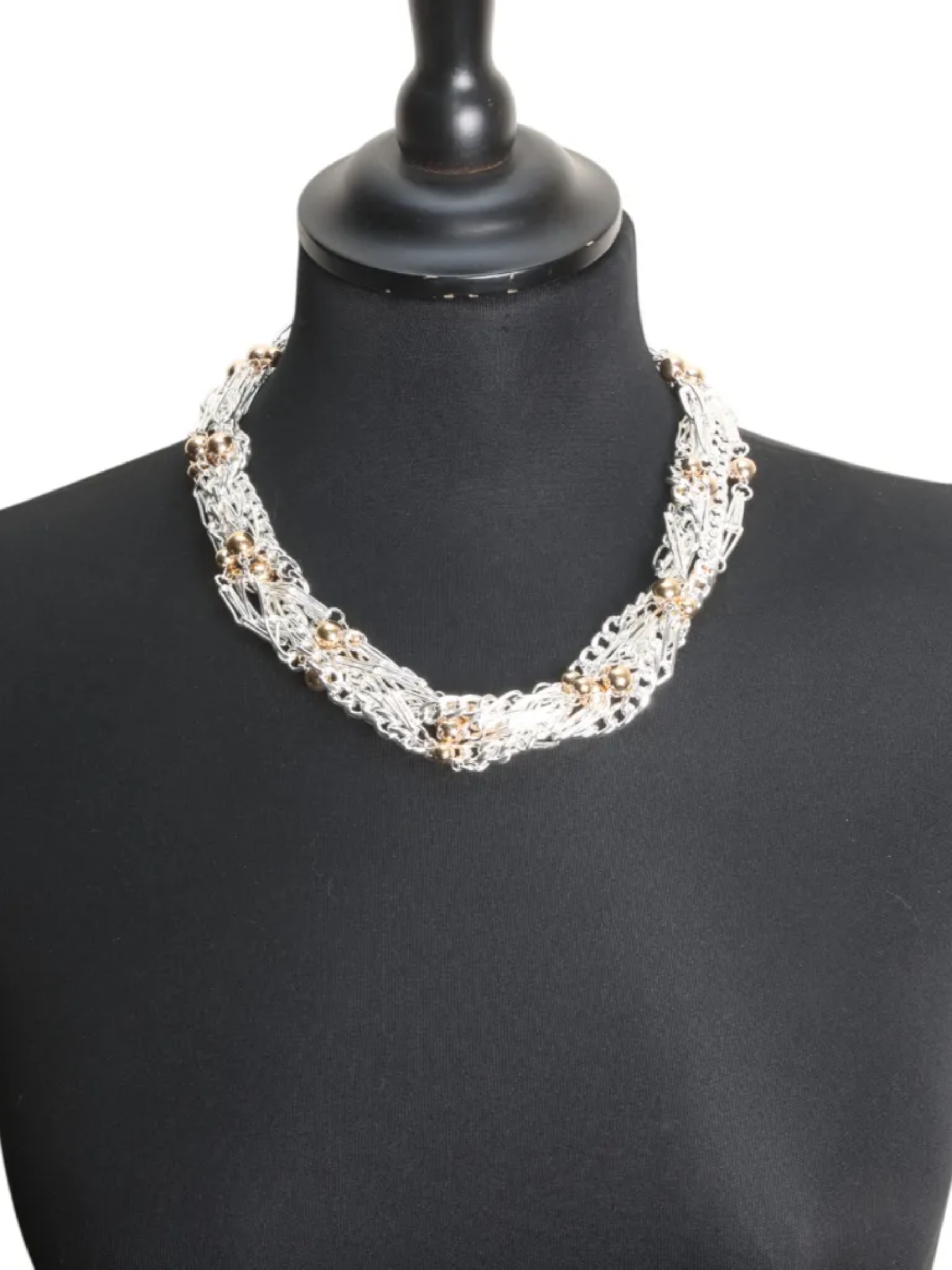 Jess & Lou NK407S braided beaded statement necklace in silver with gold bead accents – women’s fashion jewellery for day-to-night style.