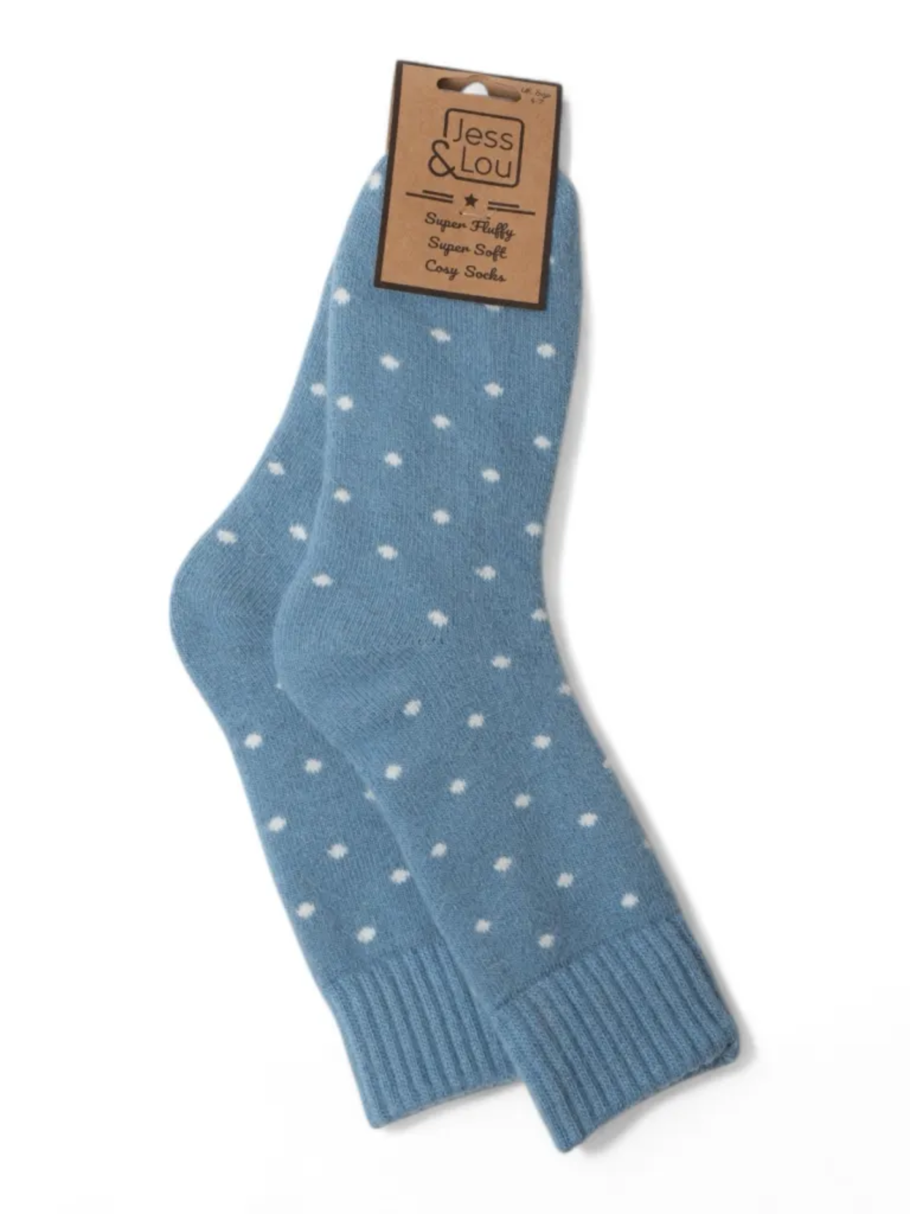 Jess & Lou SL117 cornflower ribbed polkadot socks with white dot design – cosy women’s socks for everyday wear and comfort.