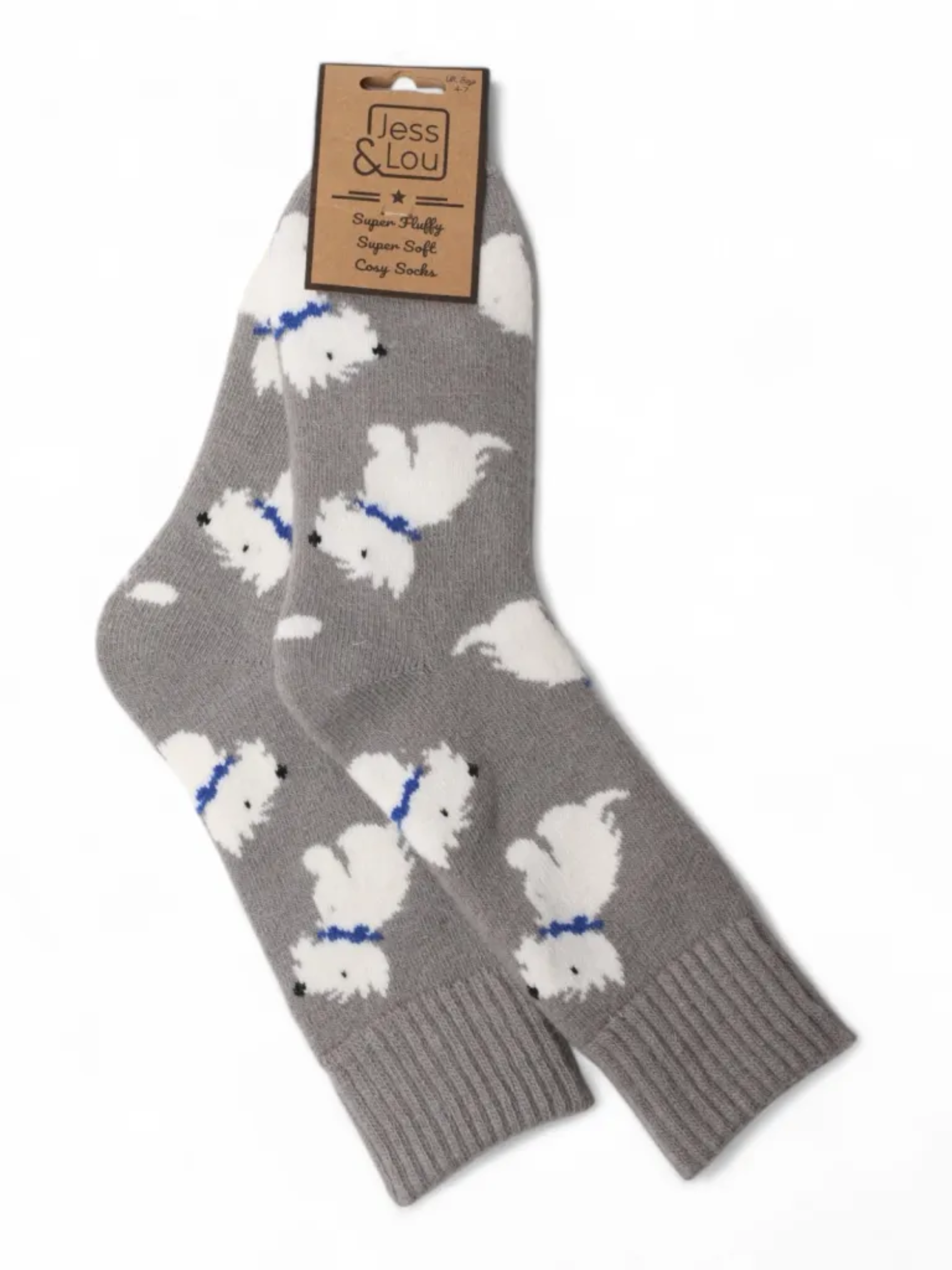 Jess & Lou SL354 grey ribbed Westie socks with dog print – women’s cosy socks UK 4-7.