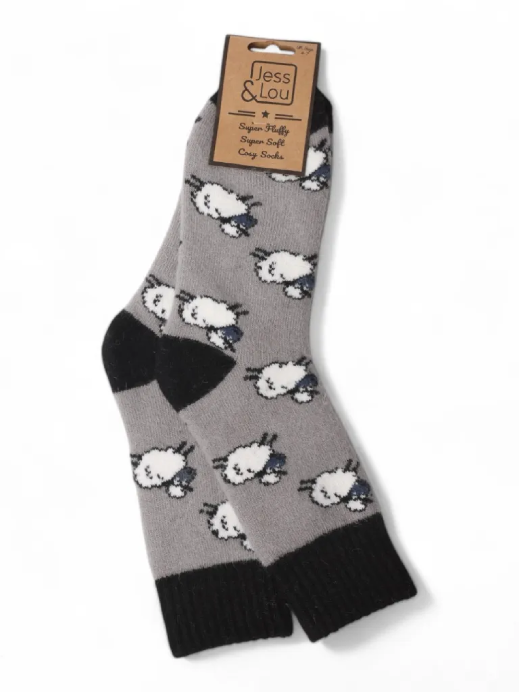 Jess & Lou SL554 grey ribbed sheep socks for women – cosy wool blend novelty socks with cuffed top, fun animal design, perfect for lounging or gifting.