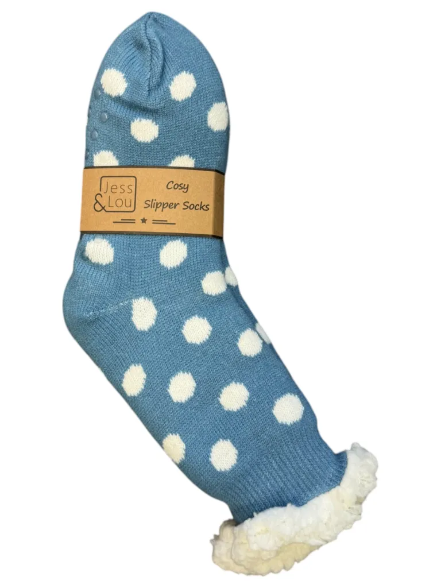Jess & Lou SL667 blue spotty lined socks with fleece lining, fold-over cuff and anti-slip dots – cosy women’s lounge socks UK 4-7