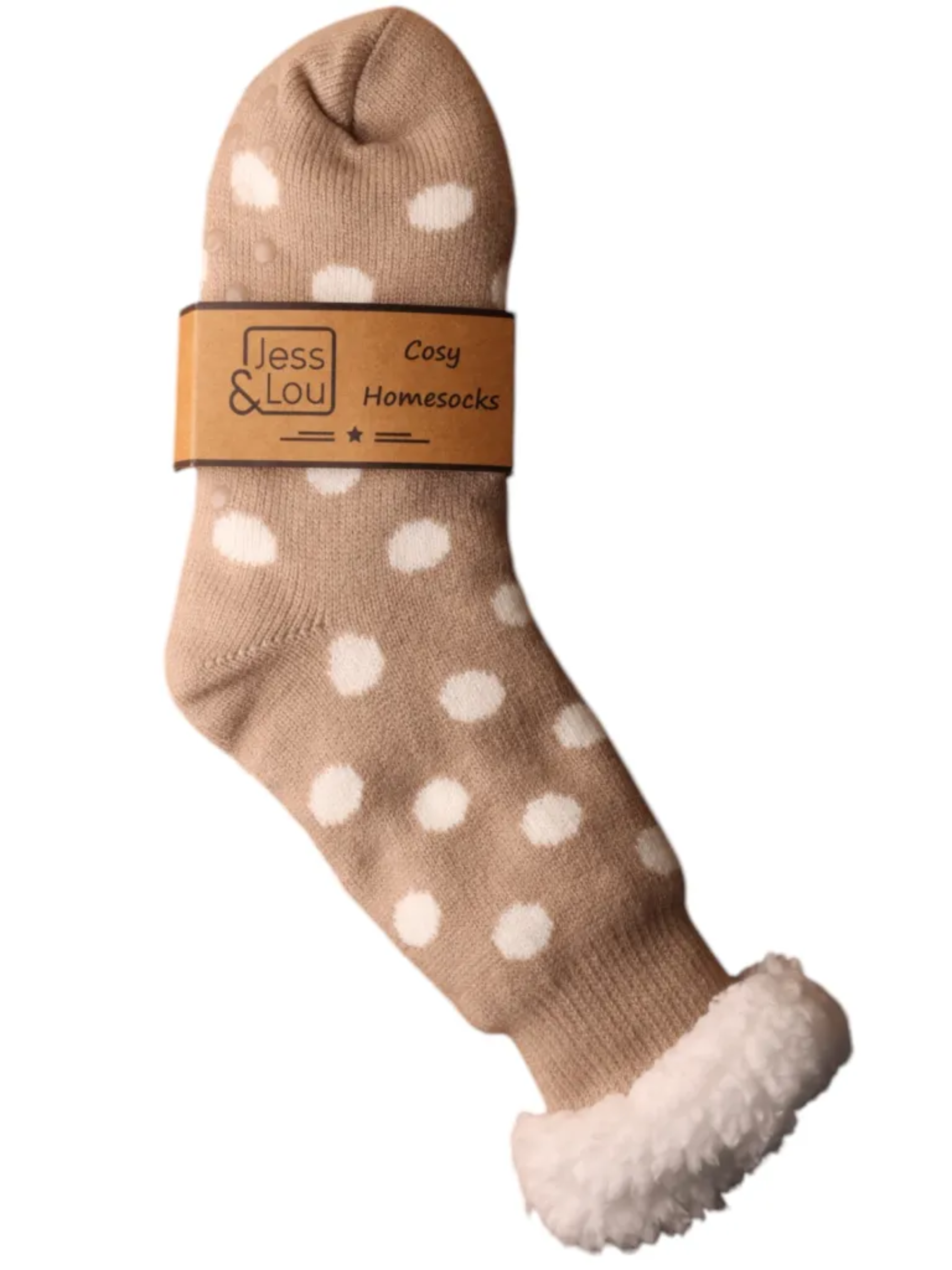 Jess & Lou SL668 Taupe & White Dot Slipper Socks with fleece lining, fold-over cuff and anti-slip dots – cosy women’s lounge socks UK 4-7.