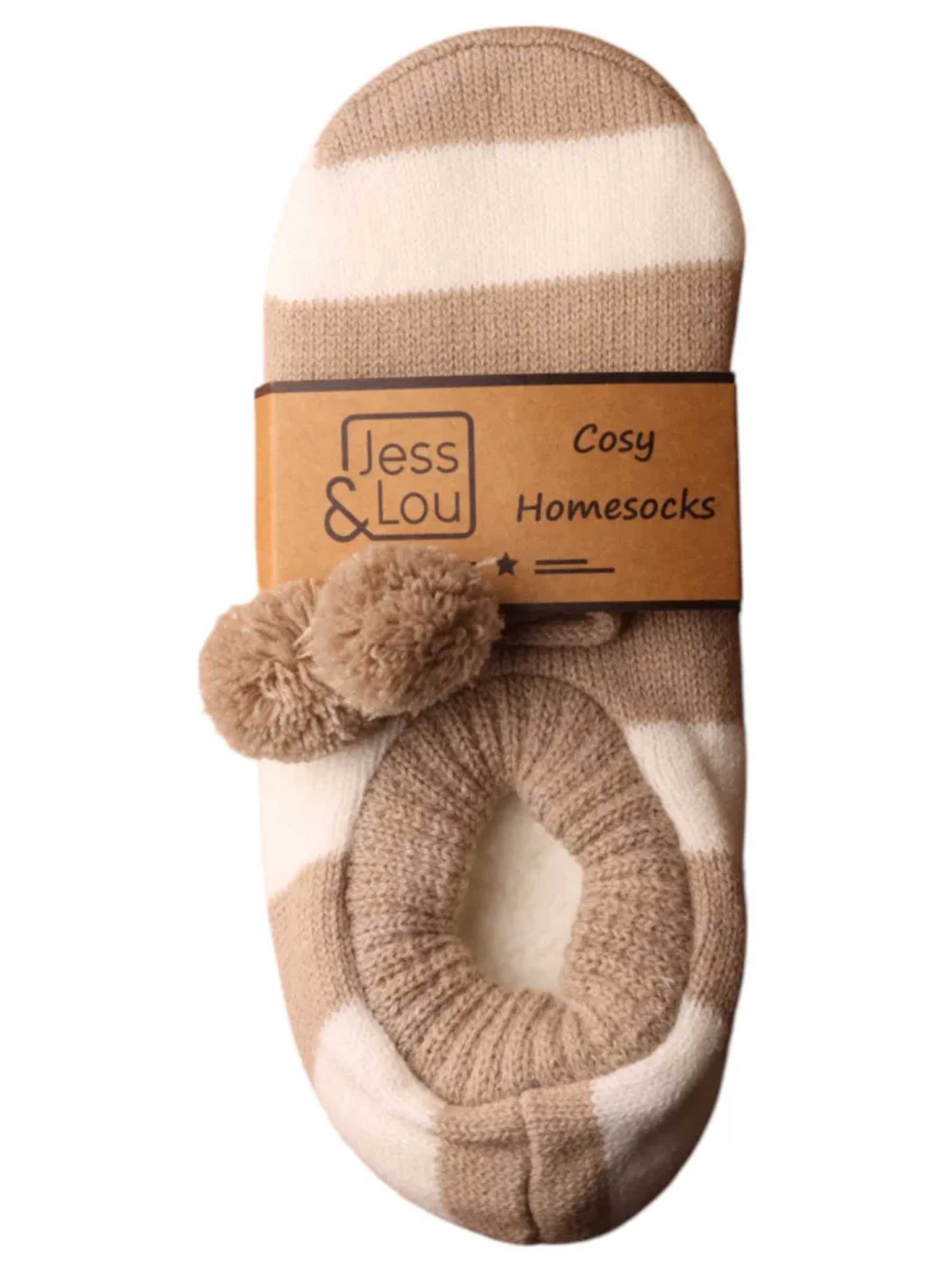 Jess & Lou SL738 Taupe and white stripe cosy slippers with pom poms – women’s soft slipper socks for warmth and comfort at home