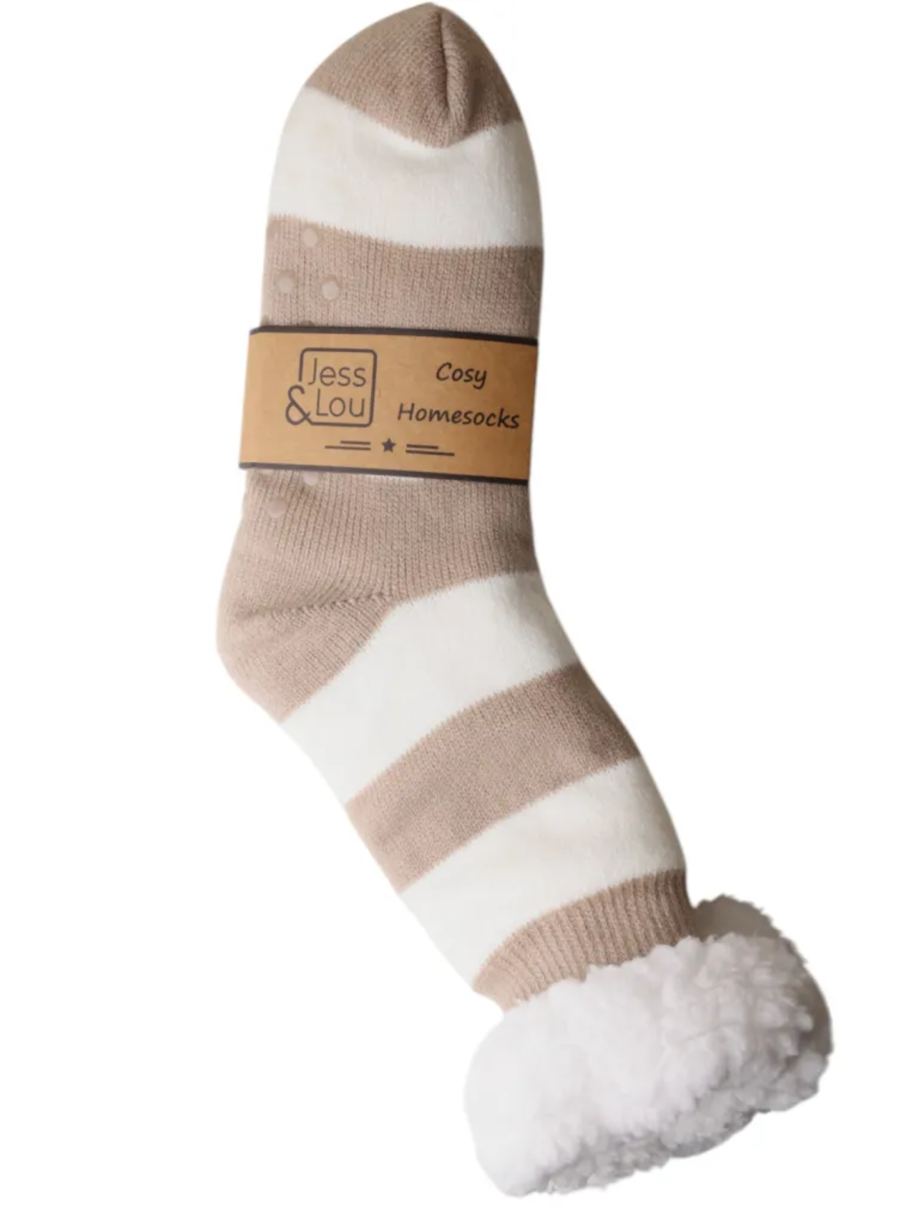 Jess & Lou SL748 taupe and white striped slipper socks with fleece lining, fold-over cuff and anti-slip dots – cosy women’s lounge socks UK 4-7.