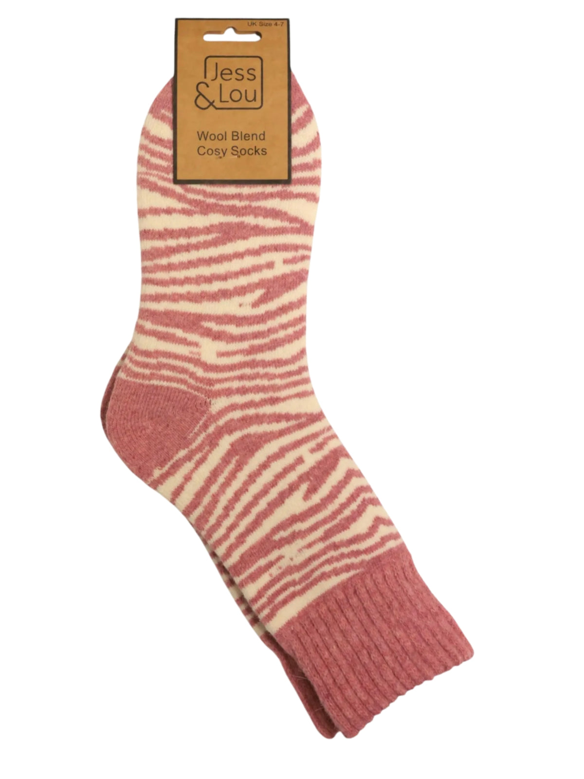 Jess & Lou SL861 Zebra Print Cosy Socks with zebra-inspired pattern and soft knitted wool-blend finish.