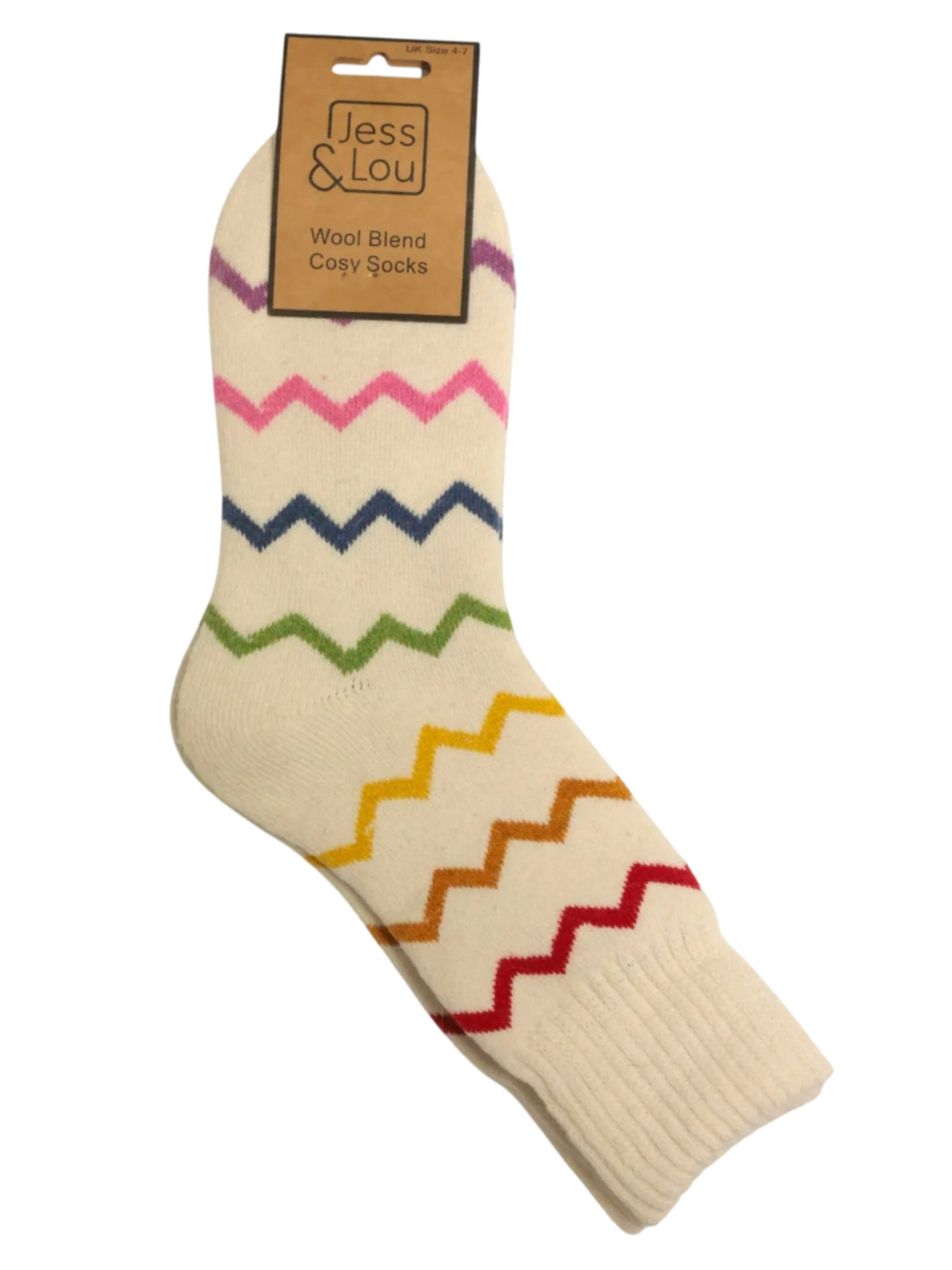 Jess & Lou SL870 Zig-Zag Cosy Socks with colourful zig-zag pattern and knitted wool-blend finish.