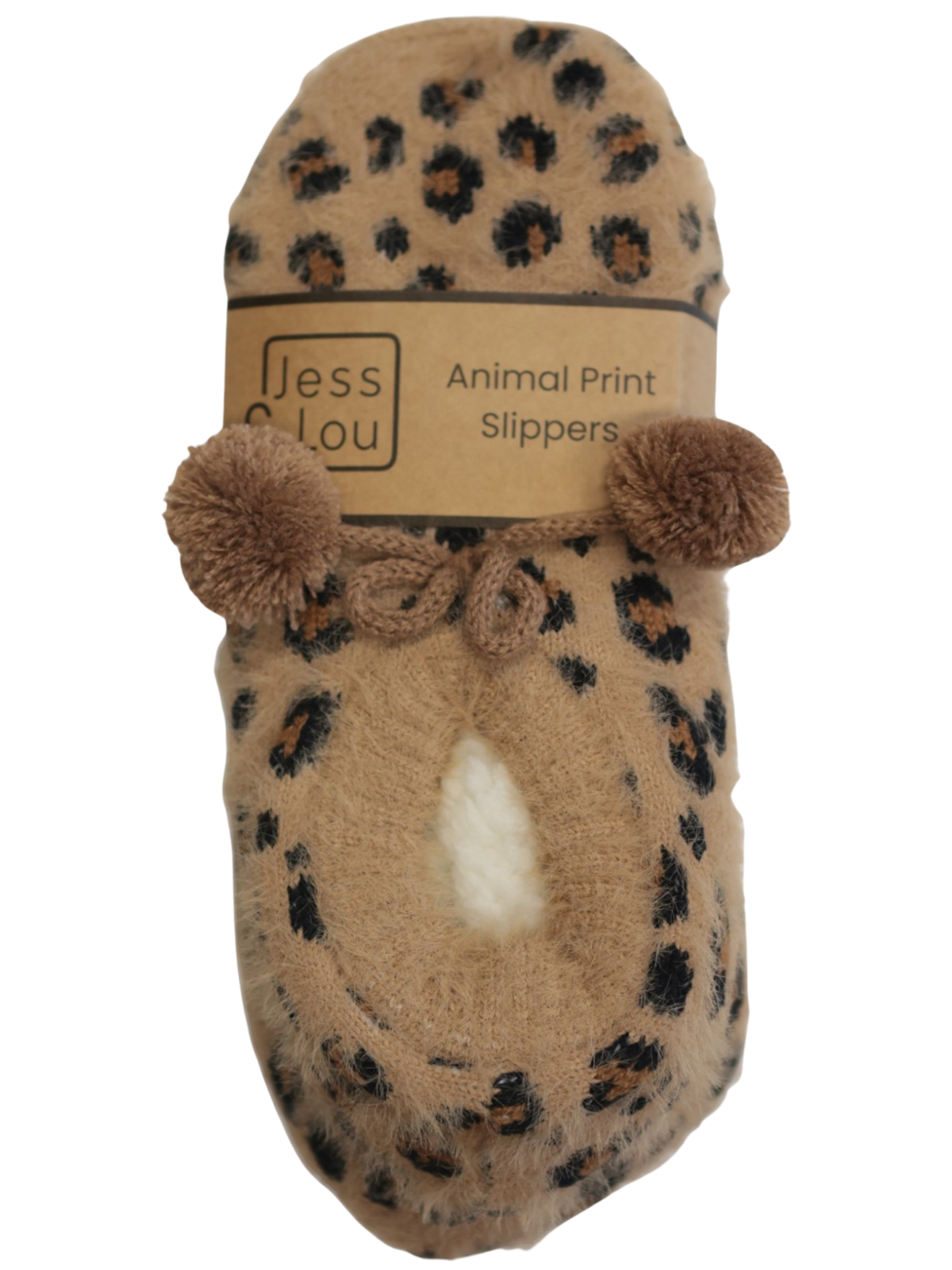 Jess & Lou SP110 Leopard Fluffy Slipper with fluffy leopard print, bow detail and pom poms.