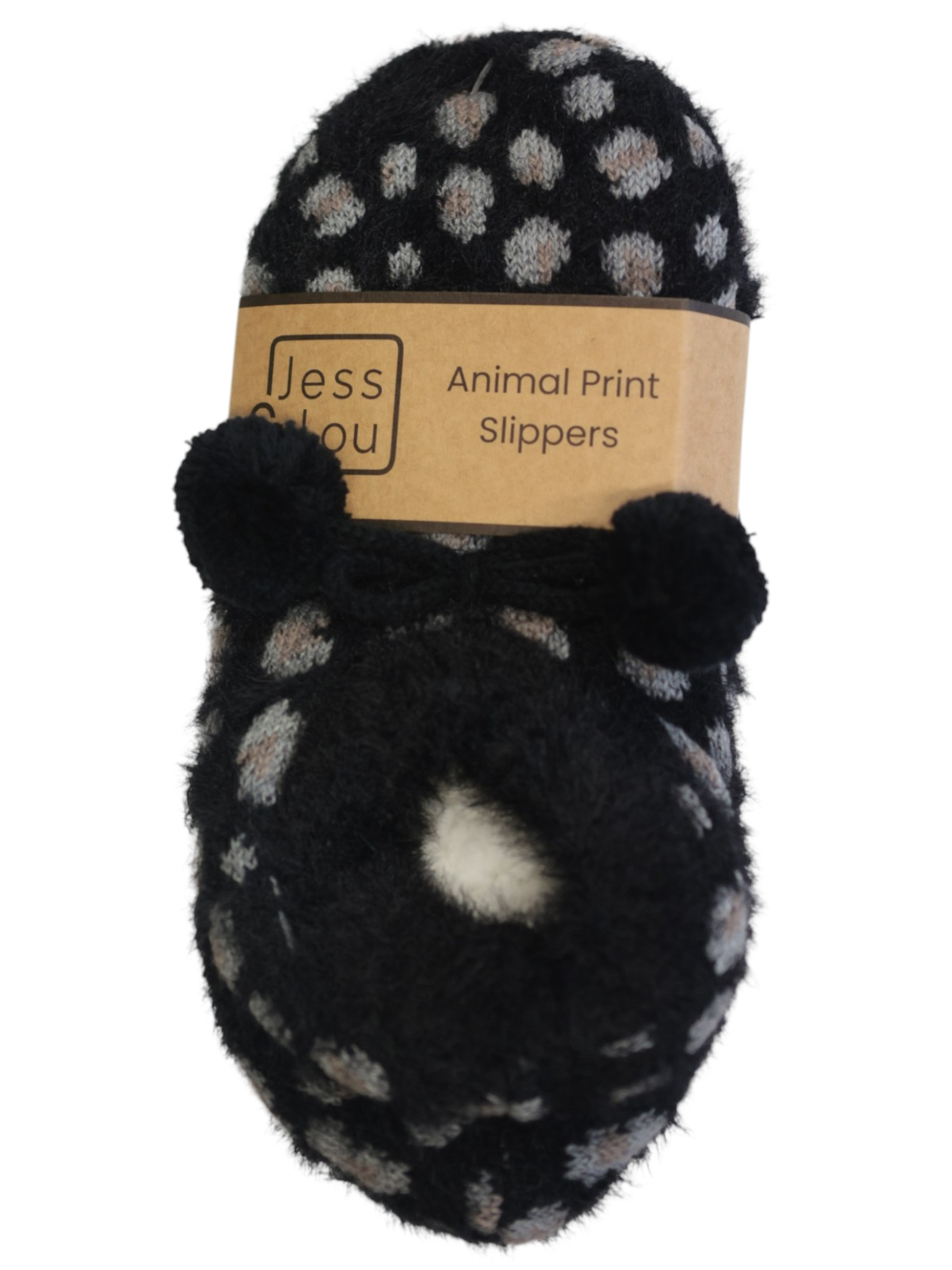 Jess & Lou SP113 Leopard Fluffy Slipper with fluffy leopard print, bow detail and pom poms.