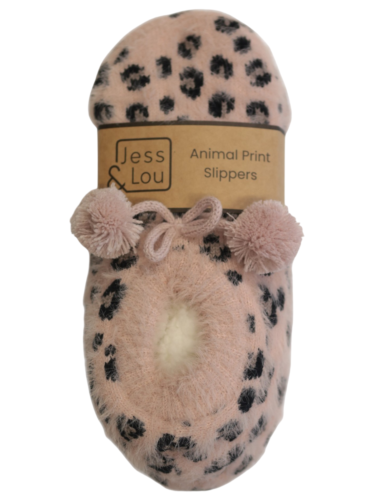 Jess & Lou SP114 Leopard Fluffy Slipper with fluffy leopard print, bow detail and pom poms.