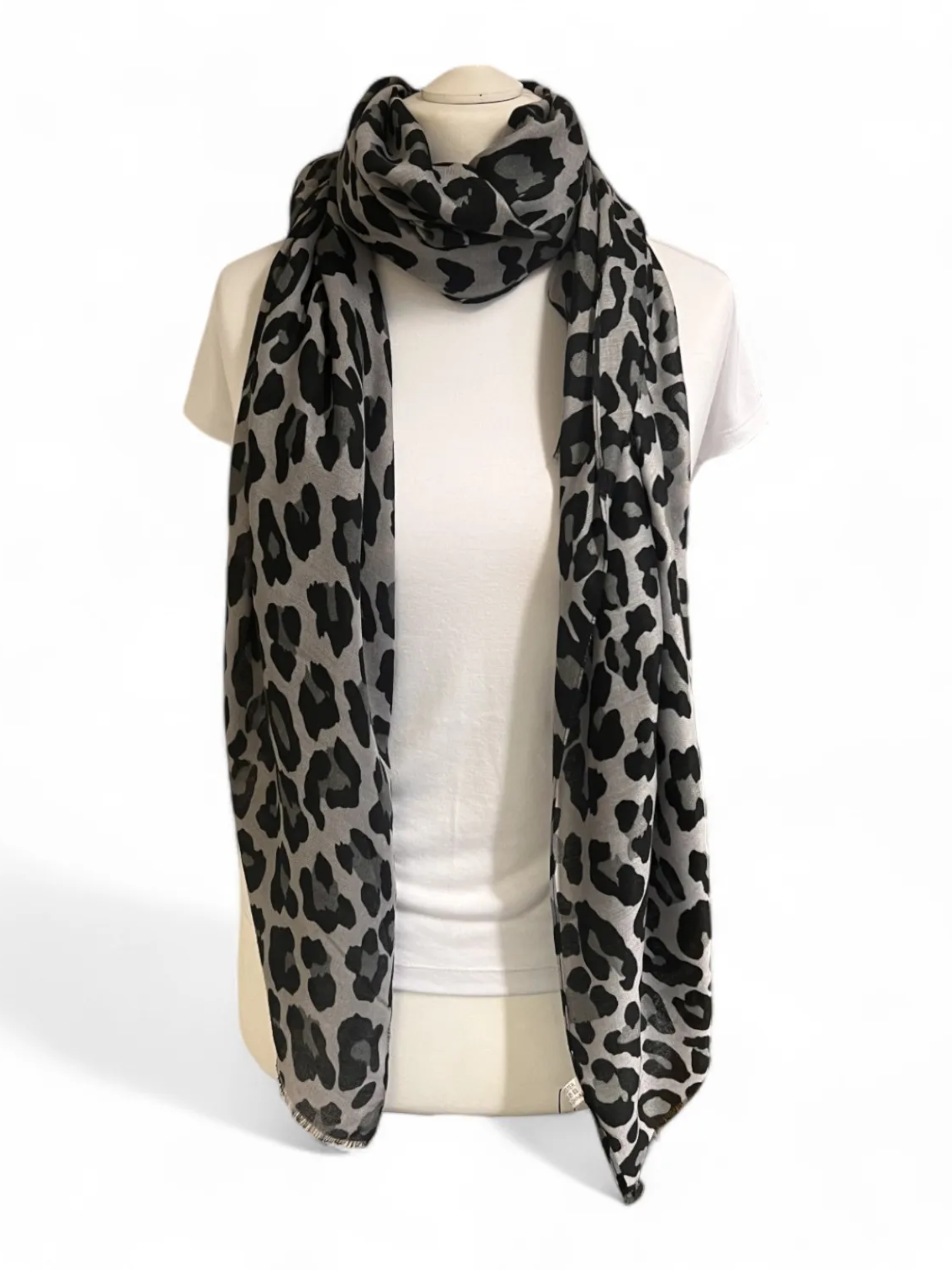 Jess & Lou SS410 black and grey animal print scarf – lightweight breathable polyester spring wrap, versatile women’s fashion accessory for layering day to night.