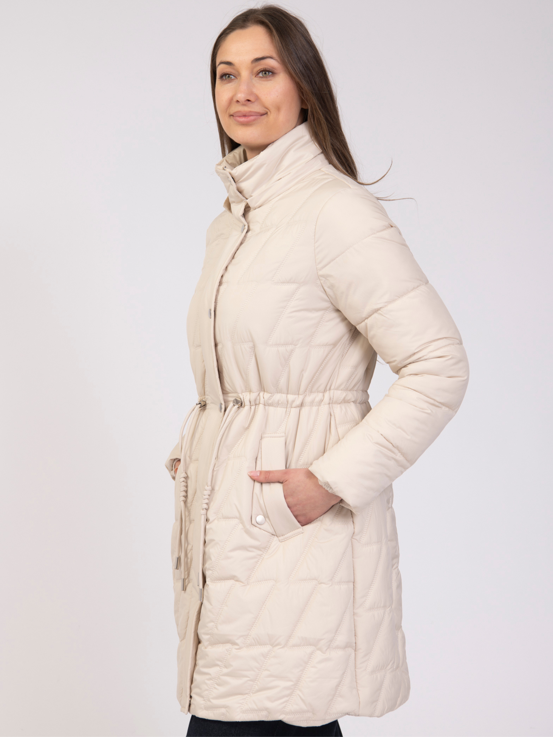 Jessica Graaf 32060 Long Padded Jacket with high neckline, popper fastening, drawstring waist and front pockets