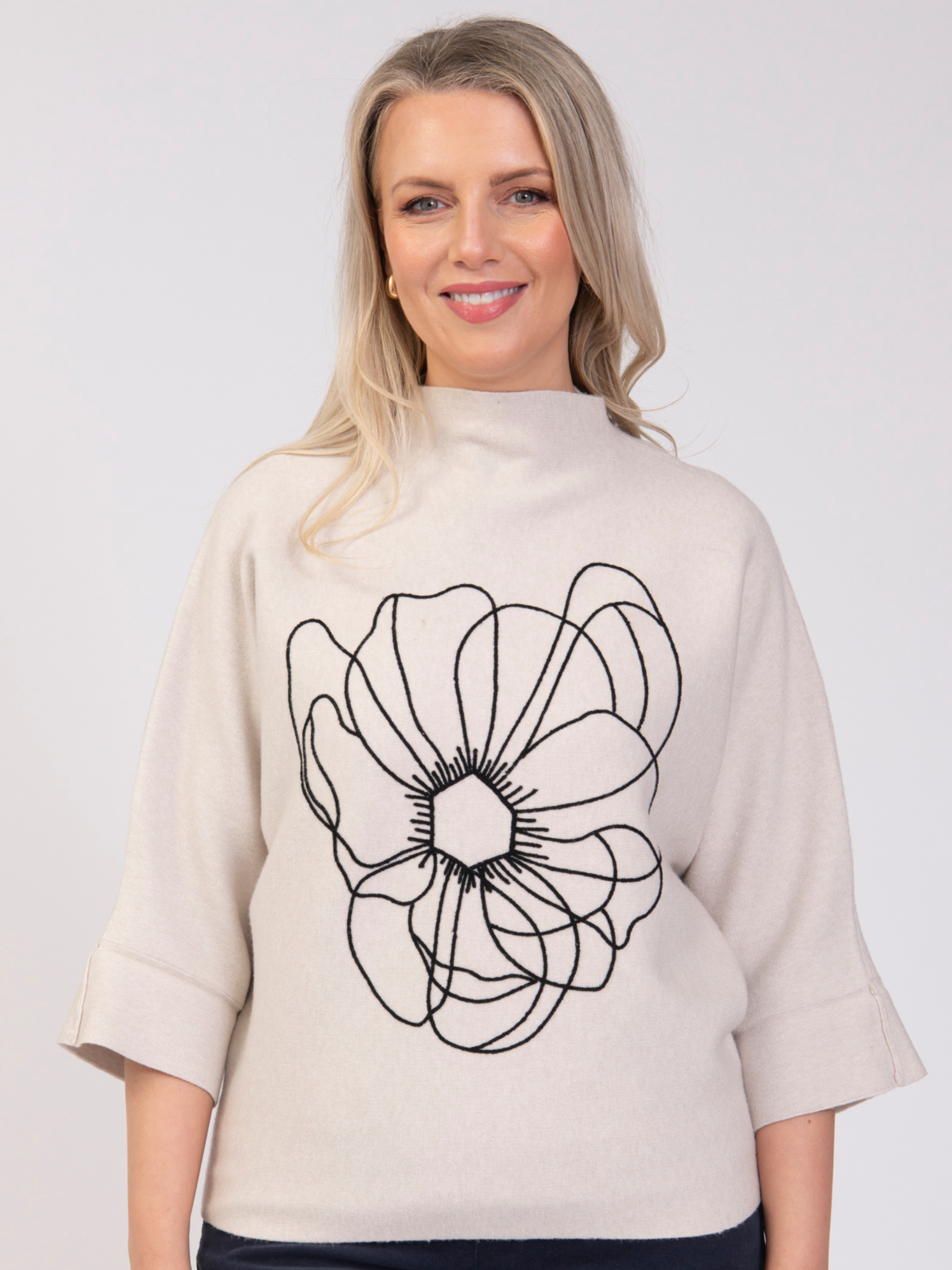 Jessica Graaf 32298 Embroidered Plain Jumper with mock neckline, 3/4 sleeves and floral embroidery