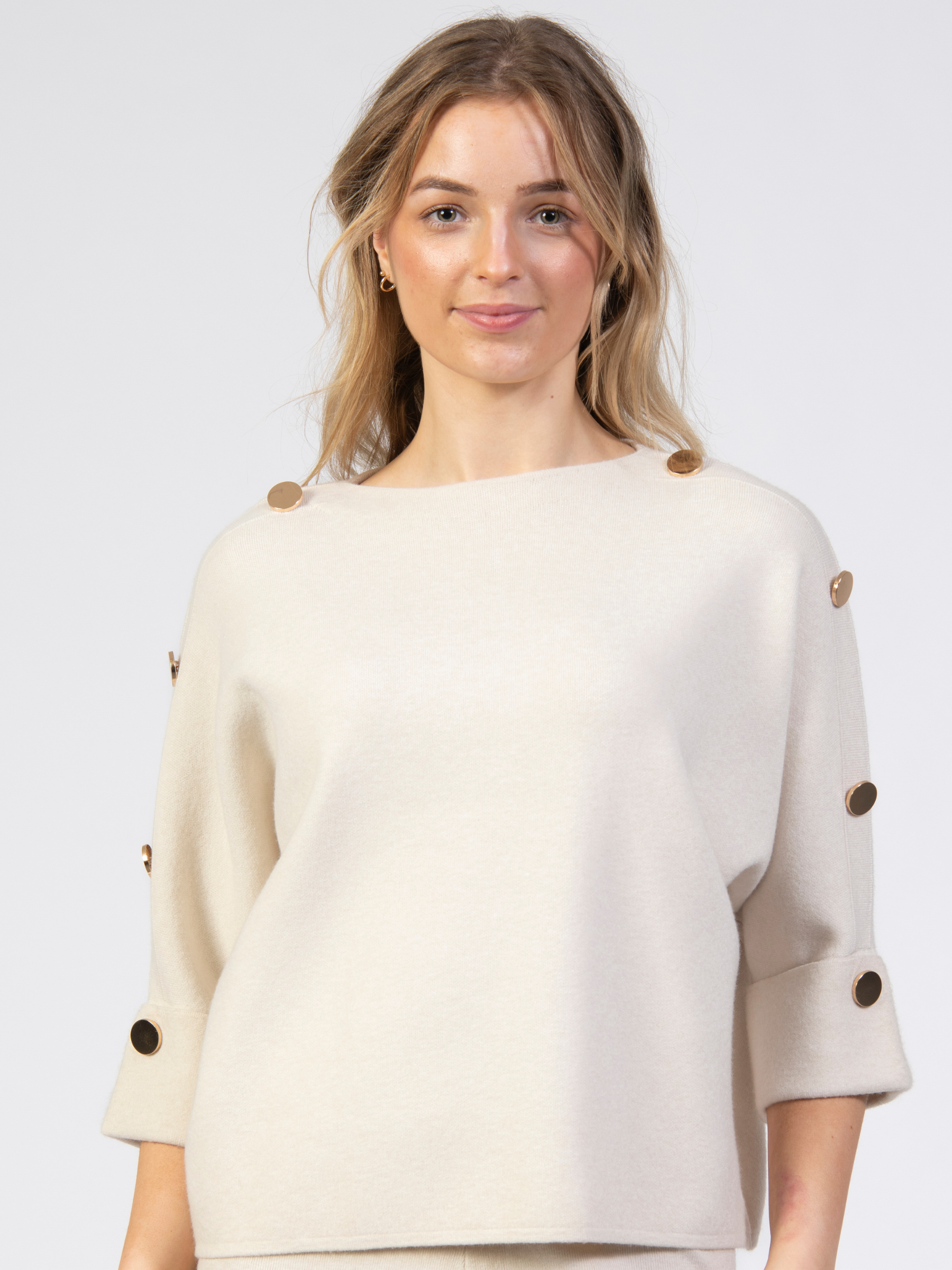 Jessica Graaf 32455 Plain Jumper with wide round neckline, button shoulder detail and 3/4 sleeves